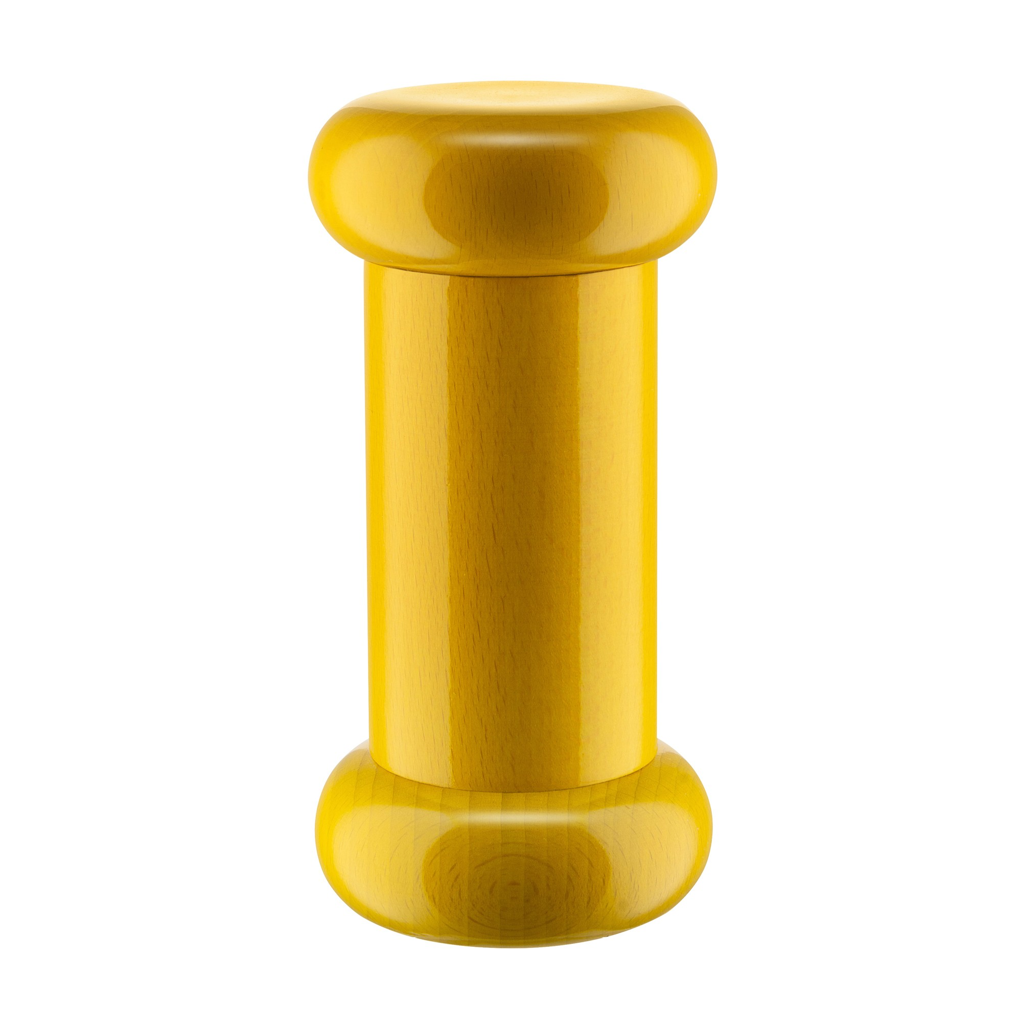 Un oggetto di legno giallo. Ha una forma superiore e inferiore arrotondata, collegata da una sezione centrale cilindrica.