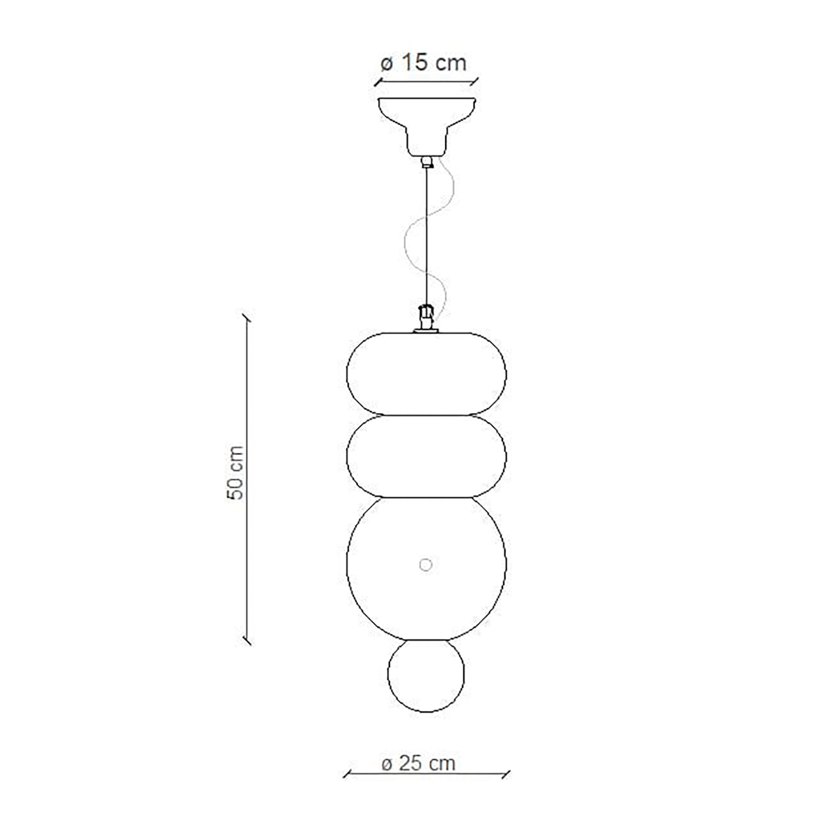 Un disegno a tratto di una lampada a sospensione. Ha una base, un cavo e quattro forme impilate, arrotondate e simili al vetro.