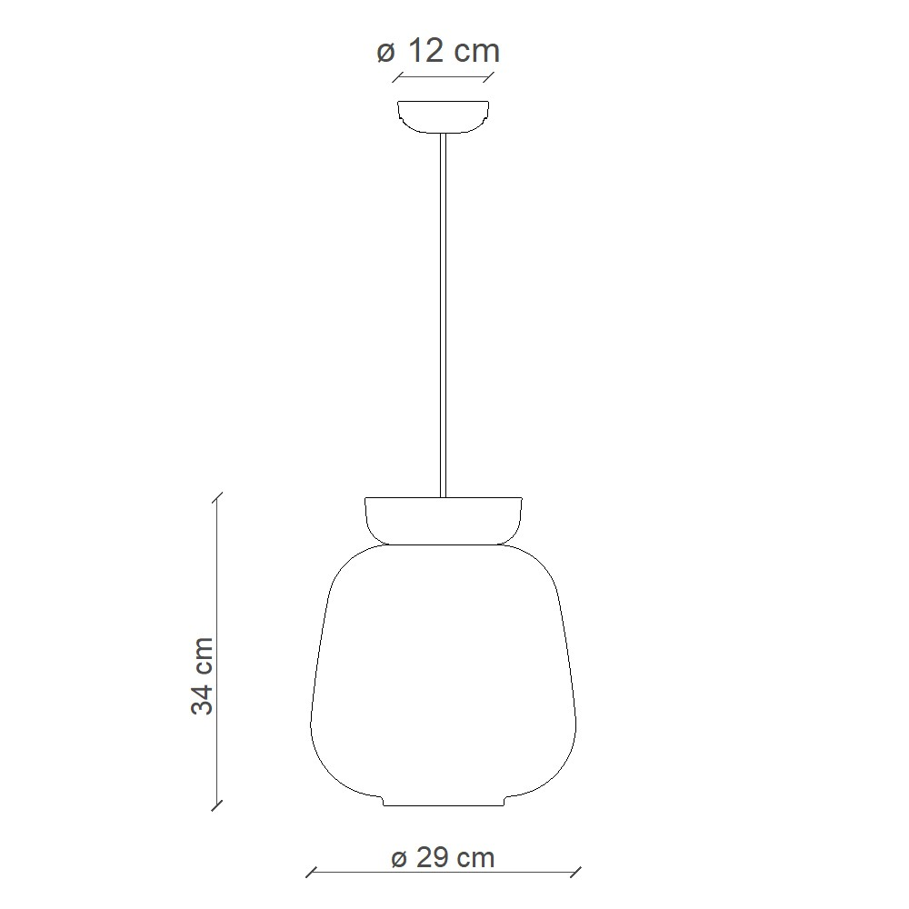 Disegno a tratteggio di una lampada a sospensione. Dimensioni: 12 cm, 29 cm e 34 cm. La lampada ha una parte superiore circolare e una base arrotondata.