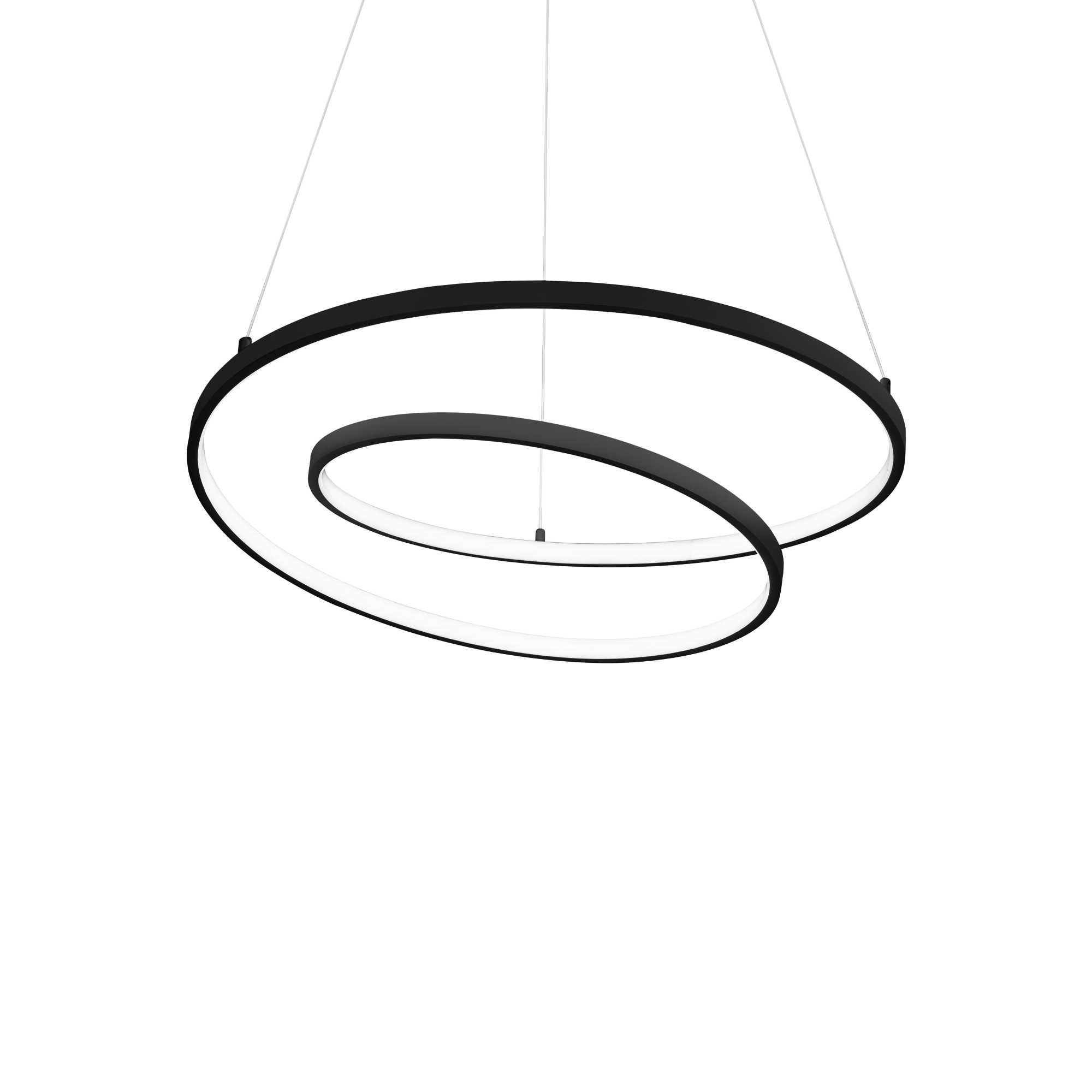 Un moderno lampadario a spirale bianco e nero appeso al soffitto su sfondo bianco.