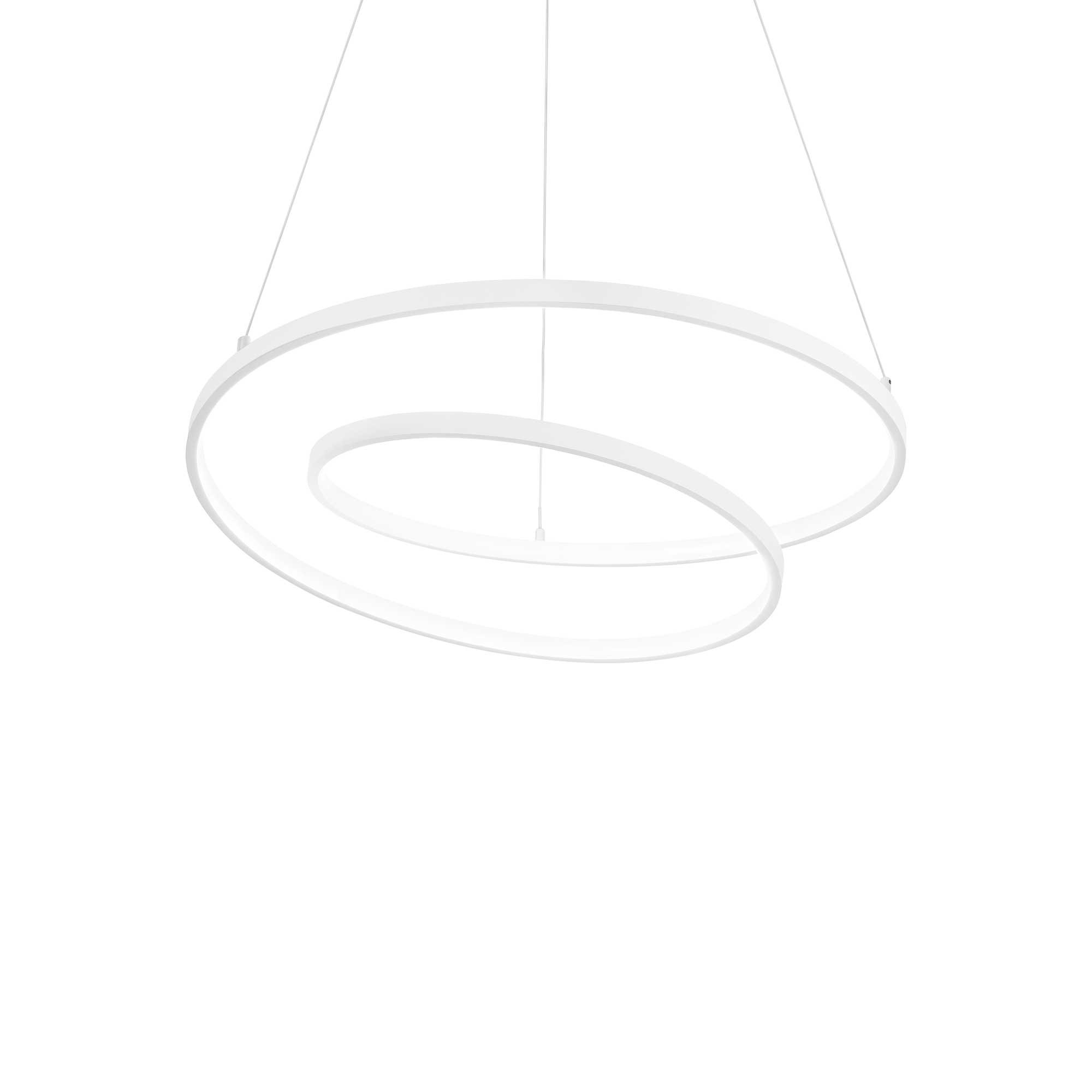 Un apparecchio di illuminazione a soffitto bianco e moderno. Ha un design a doppia spirale. Lo sfondo è bianco.