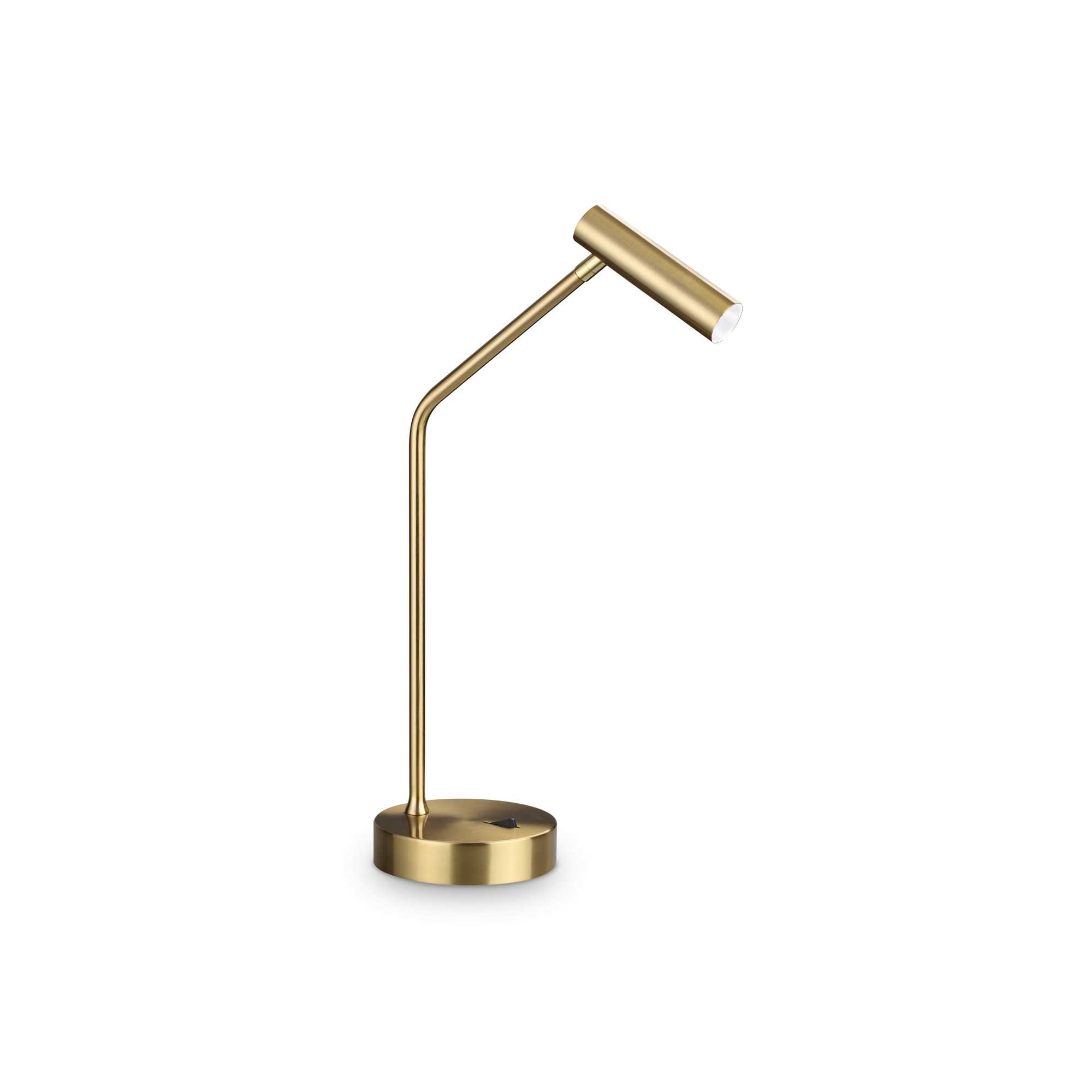 Una lampada da scrivania dorata su sfondo bianco. Ha una base rotonda, un gambo curvo e una testa luminosa rettangolare.