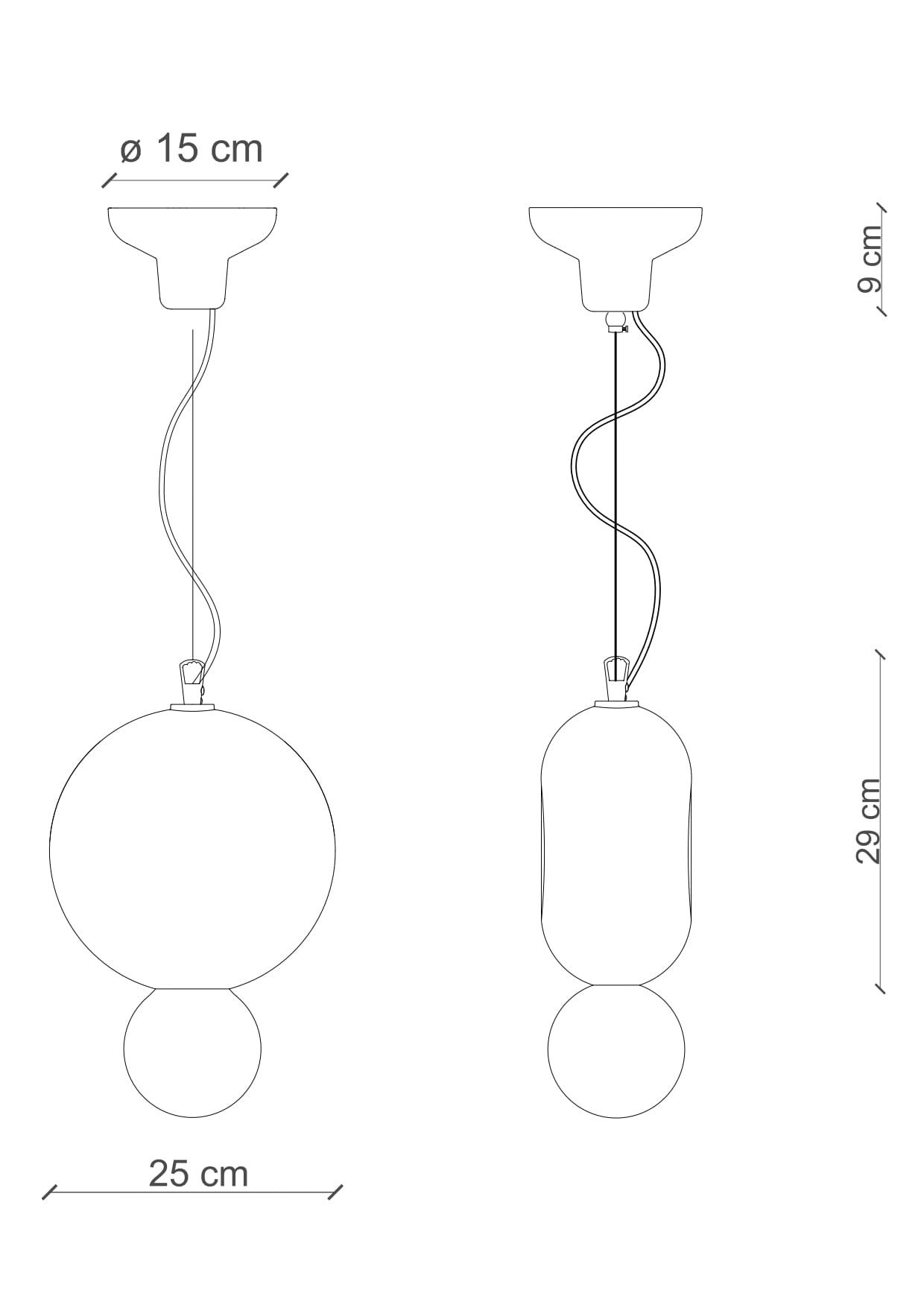 Due lampade a sospensione. Una rotonda con una piccola sfera sotto, l'altra allungata con una sfera sotto. Dimensioni incluse.