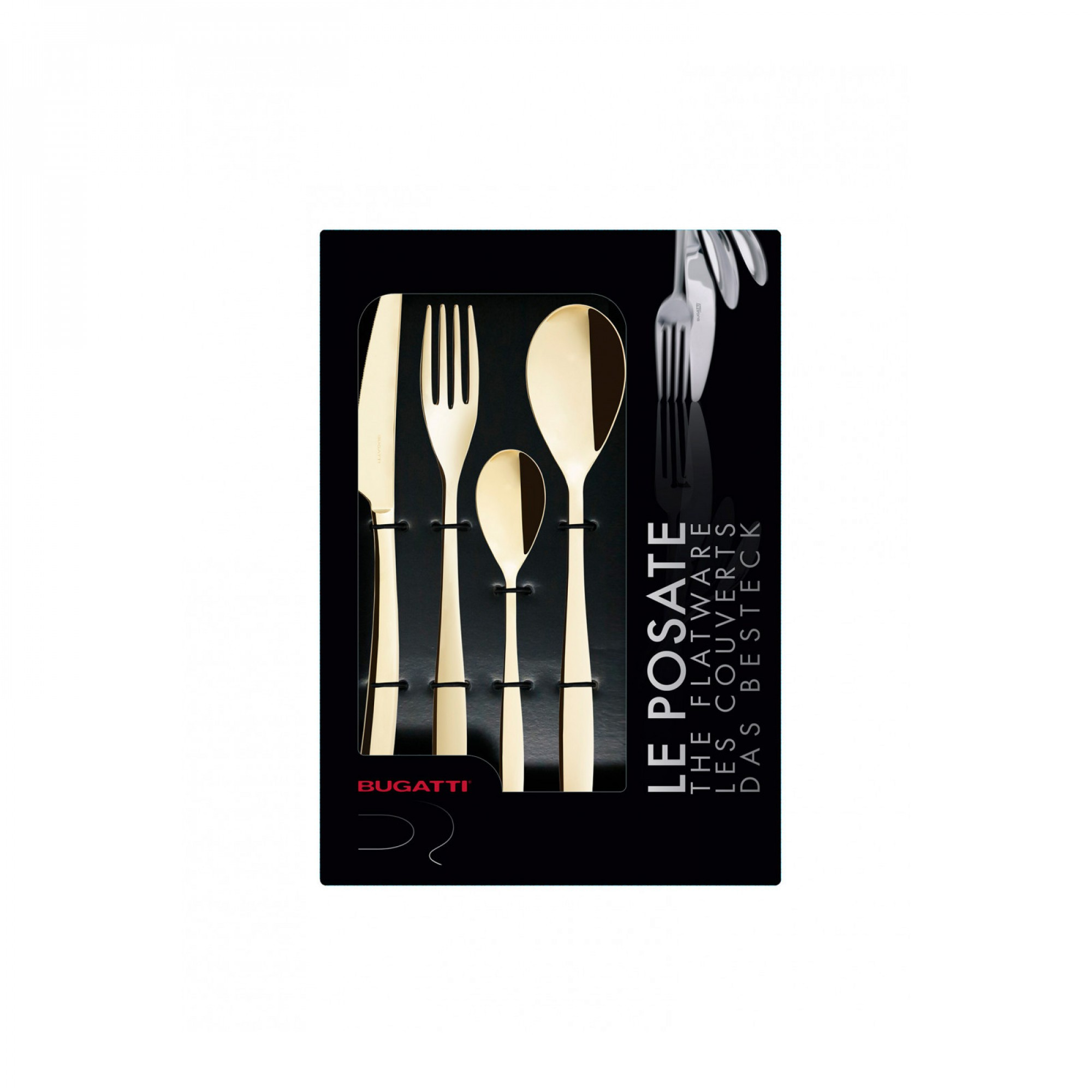 Set di posate dorate in una scatola nera. Include coltello, forchetta, cucchiaio e cucchiaino. Testo: Le Posate, Bugatti.