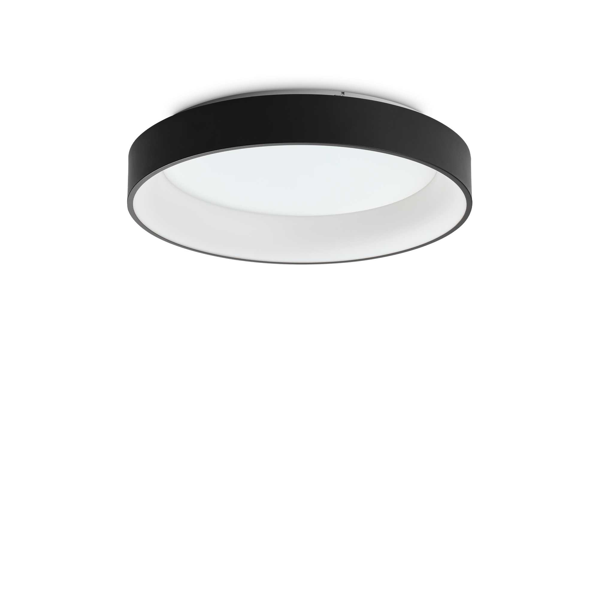 Una plafoniera rotonda con un anello esterno nero e una luce interna bianca, su sfondo bianco.