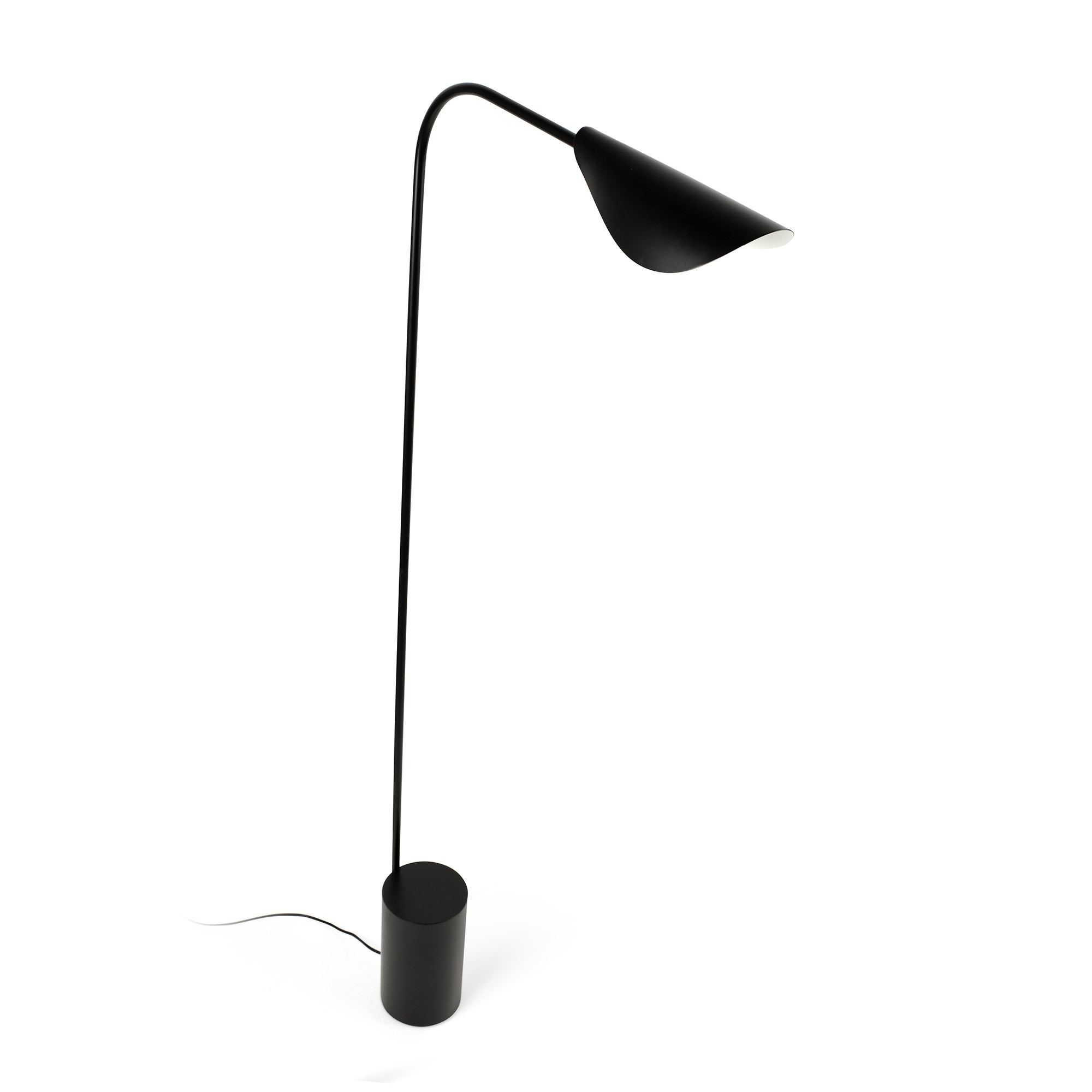 Una lampada da terra nera con braccio curvo e paralume a forma di foglia su sfondo bianco.