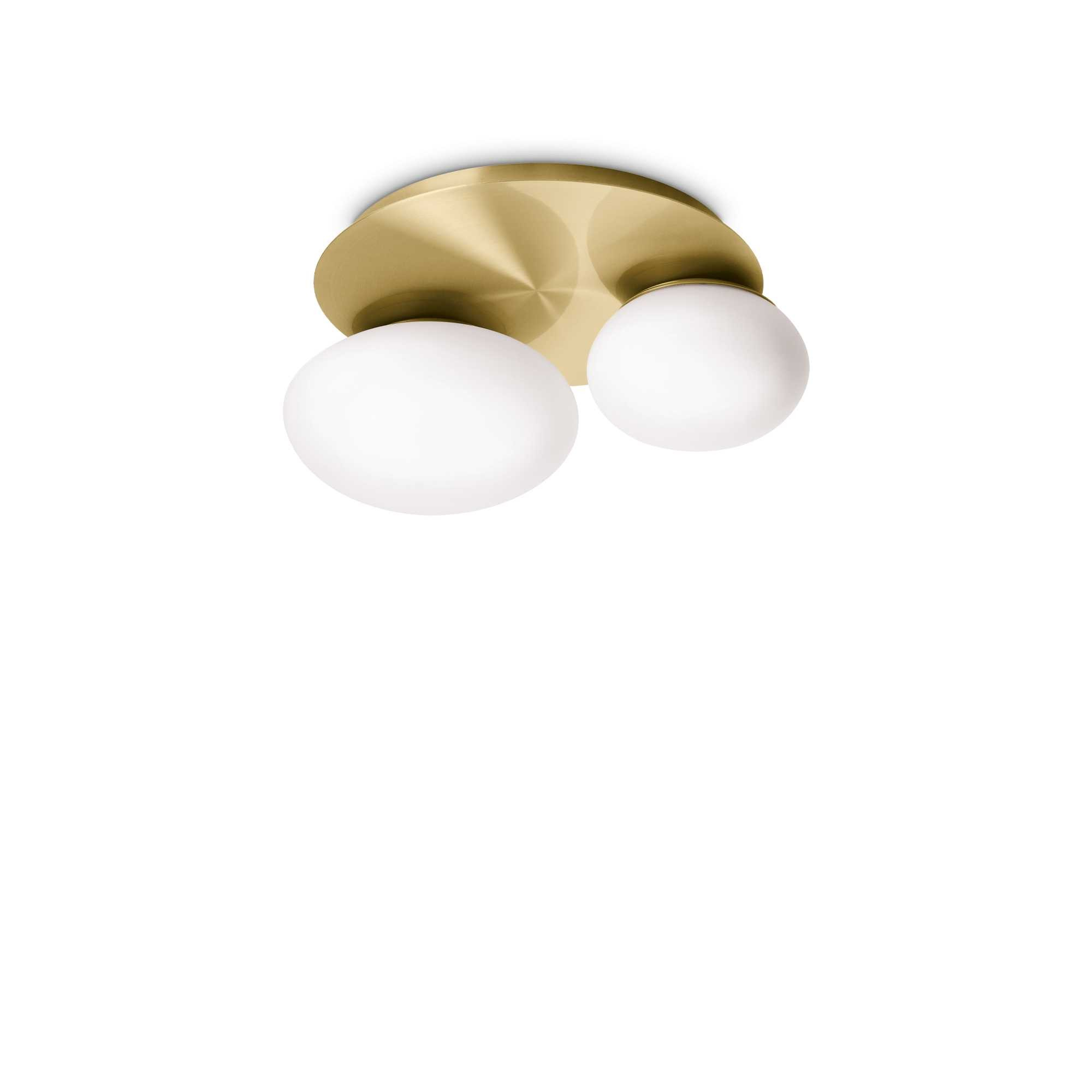 Una plafoniera con due lampadine bianche a forma ovale e una base circolare color oro. Lo sfondo è bianco.