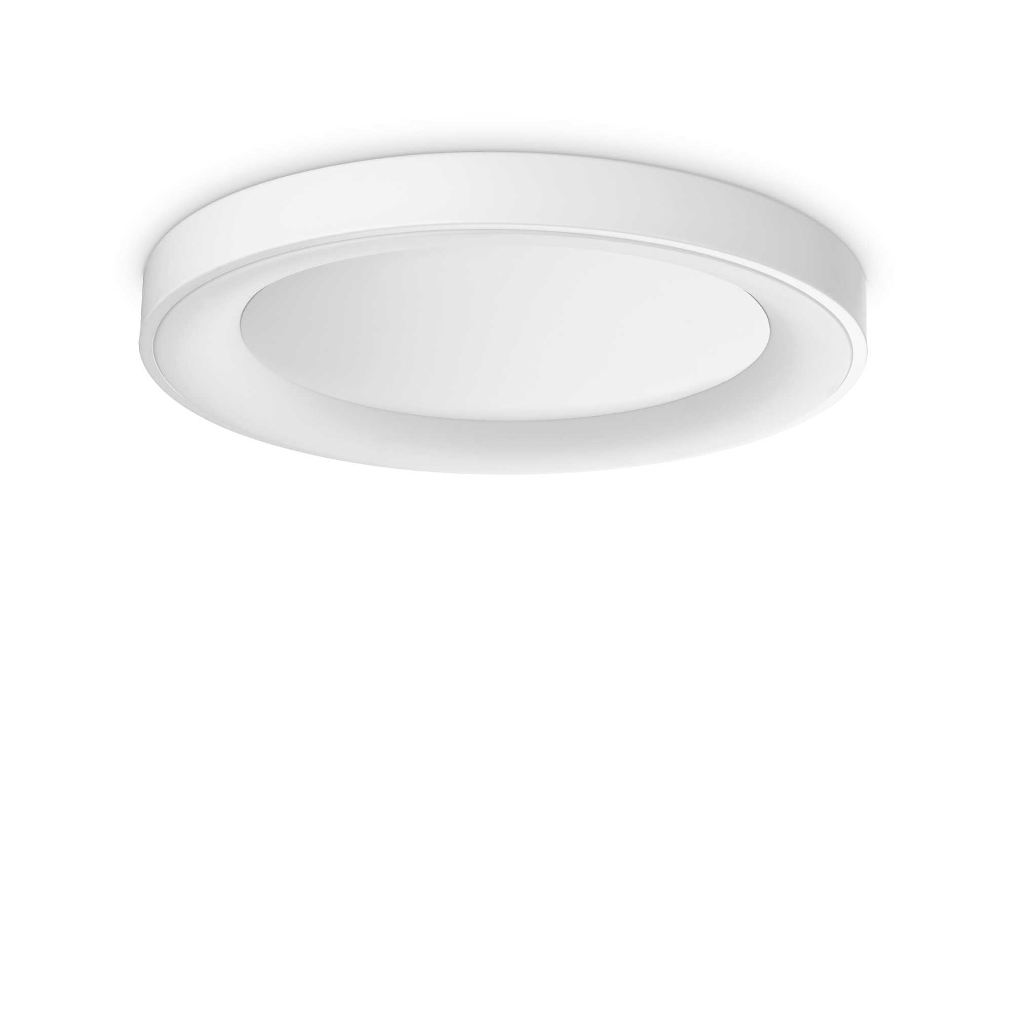 Un apparecchio di illuminazione a soffitto rotondo bianco. Ha un design circolare con un centro incassato e una finitura bianca brillante.