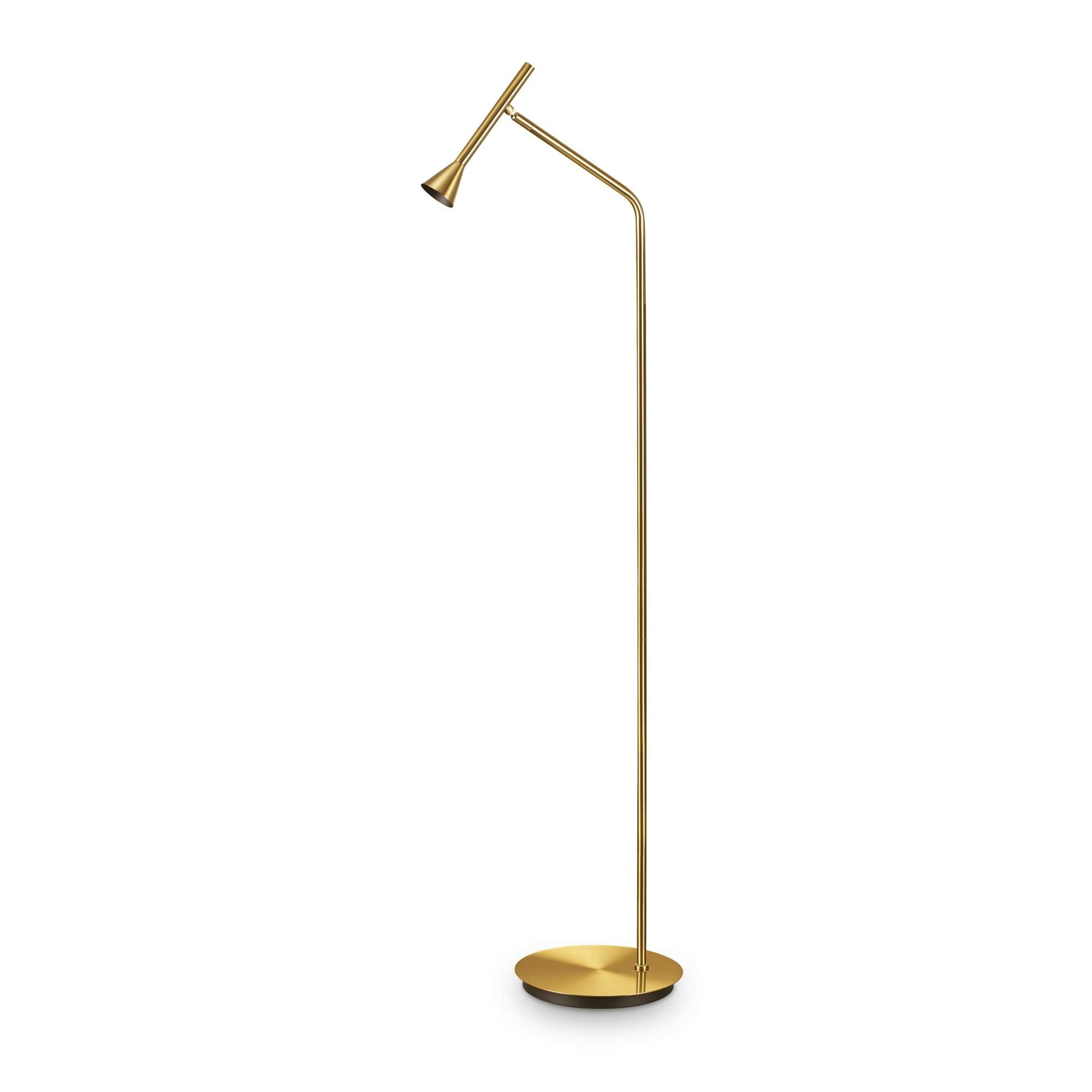 Una lampada da terra dorata con testa regolabile, un palo alto e una base circolare, su sfondo bianco.