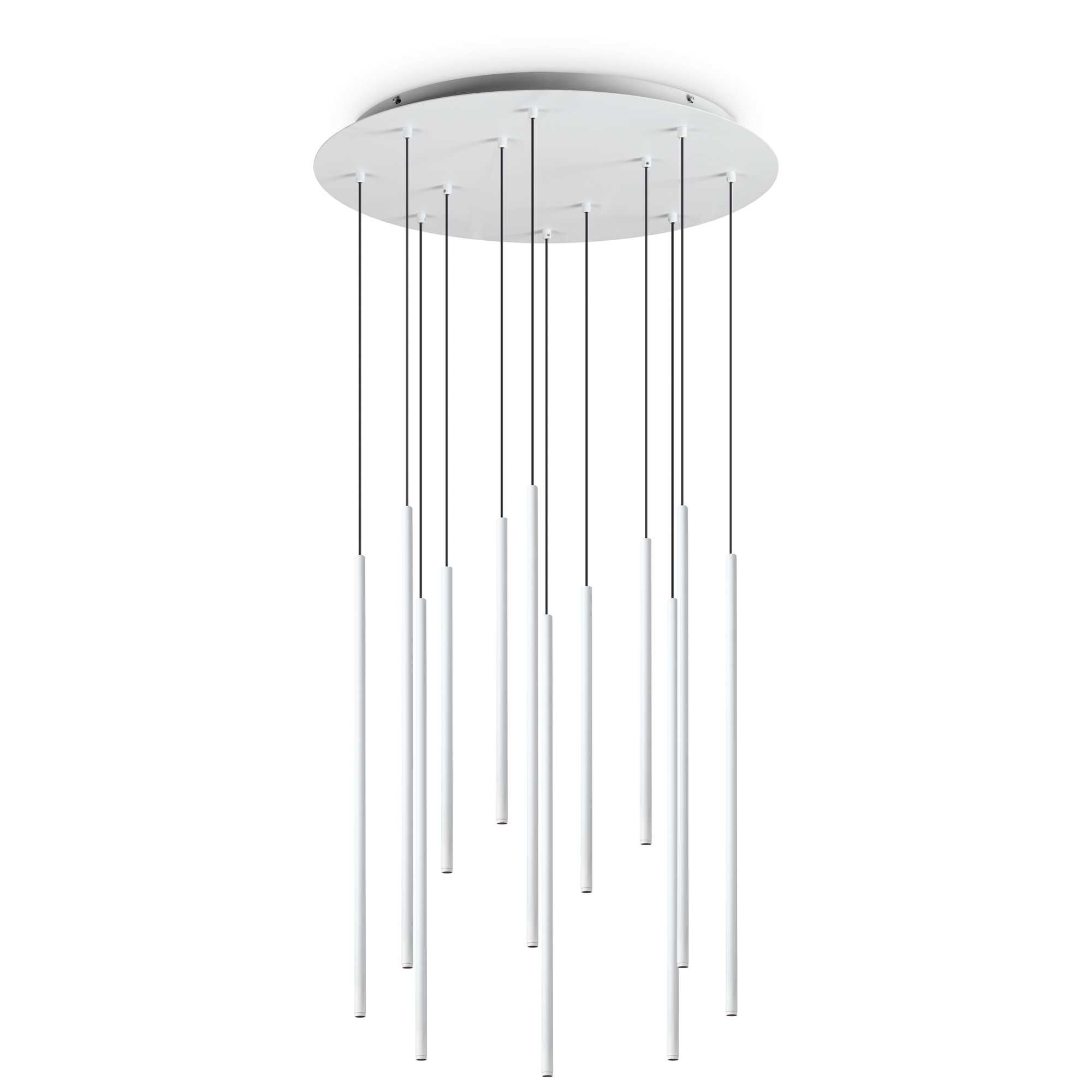 Un lampadario bianco con luci cilindriche appese a una piastra rotonda.