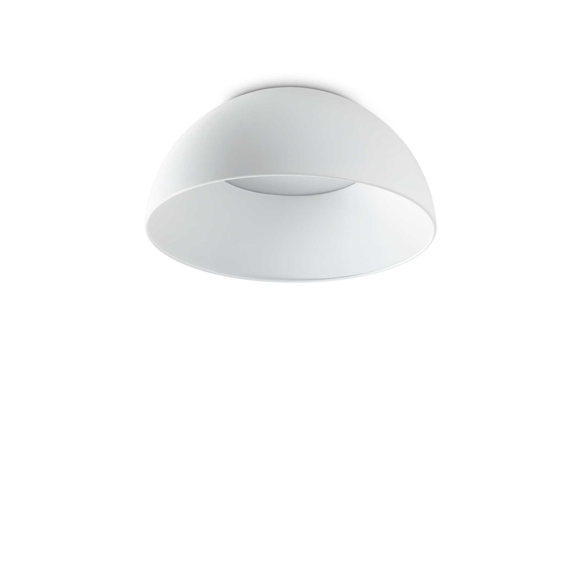 Lampada da soffitto bianca a forma di cupola con apertura circolare. Lo sfondo è bianco.