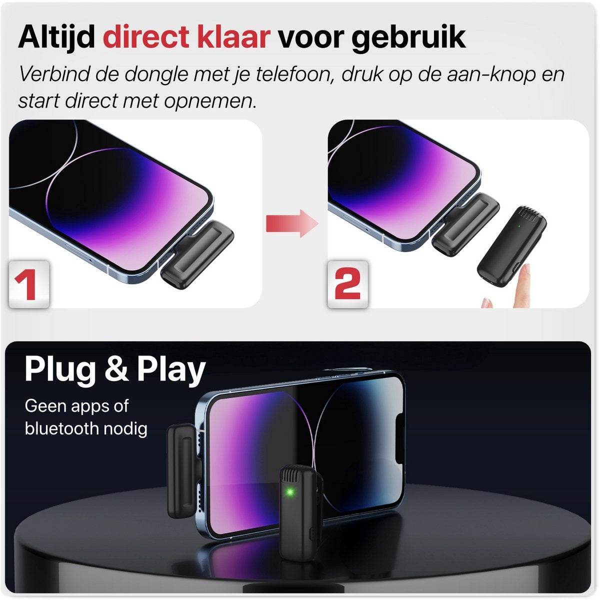 Diagram showing phone connecting to dongle. Plug & Play headline. No apps or bluetooth needed.