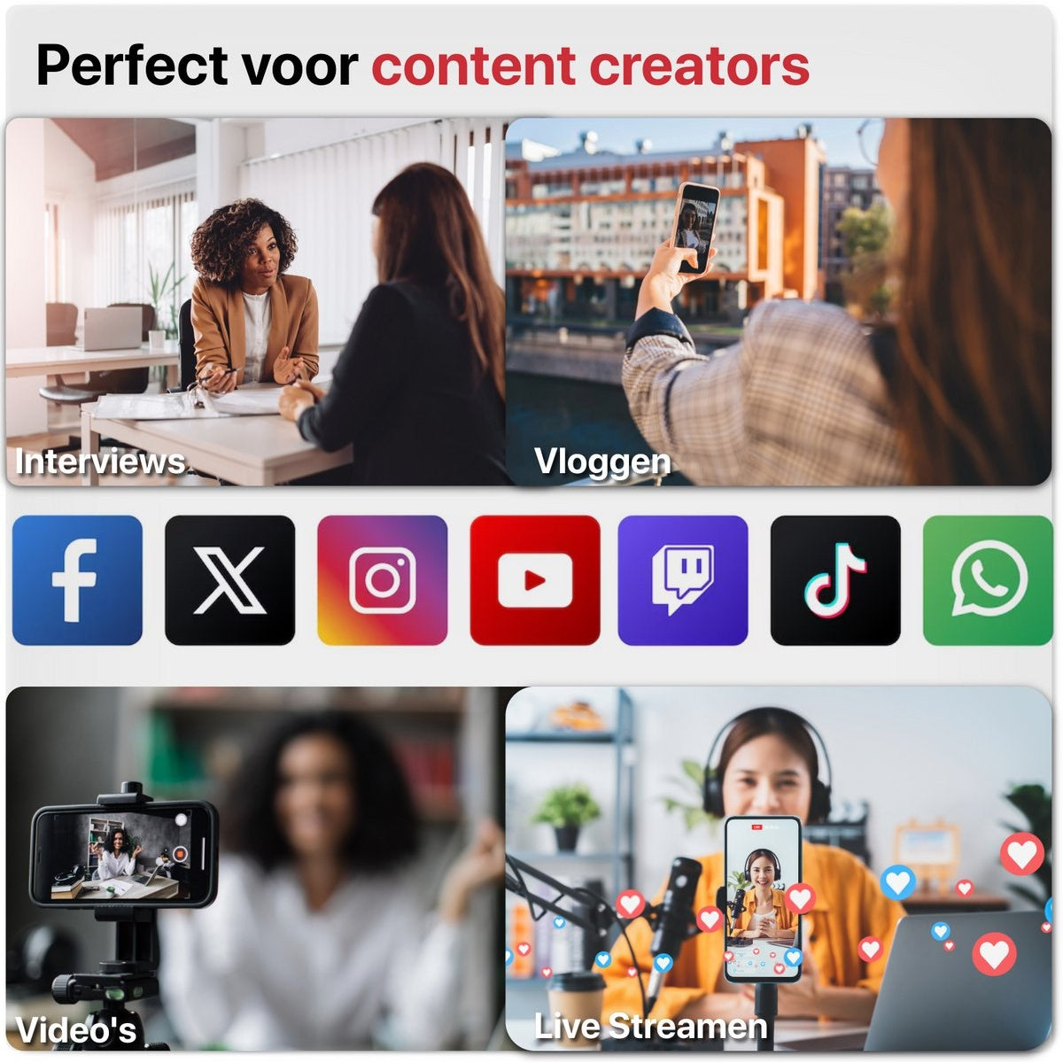 Image shows content creation: interviews, vlogging, videos, and live streaming. Social media icons are also present. People are using phones and laptops.