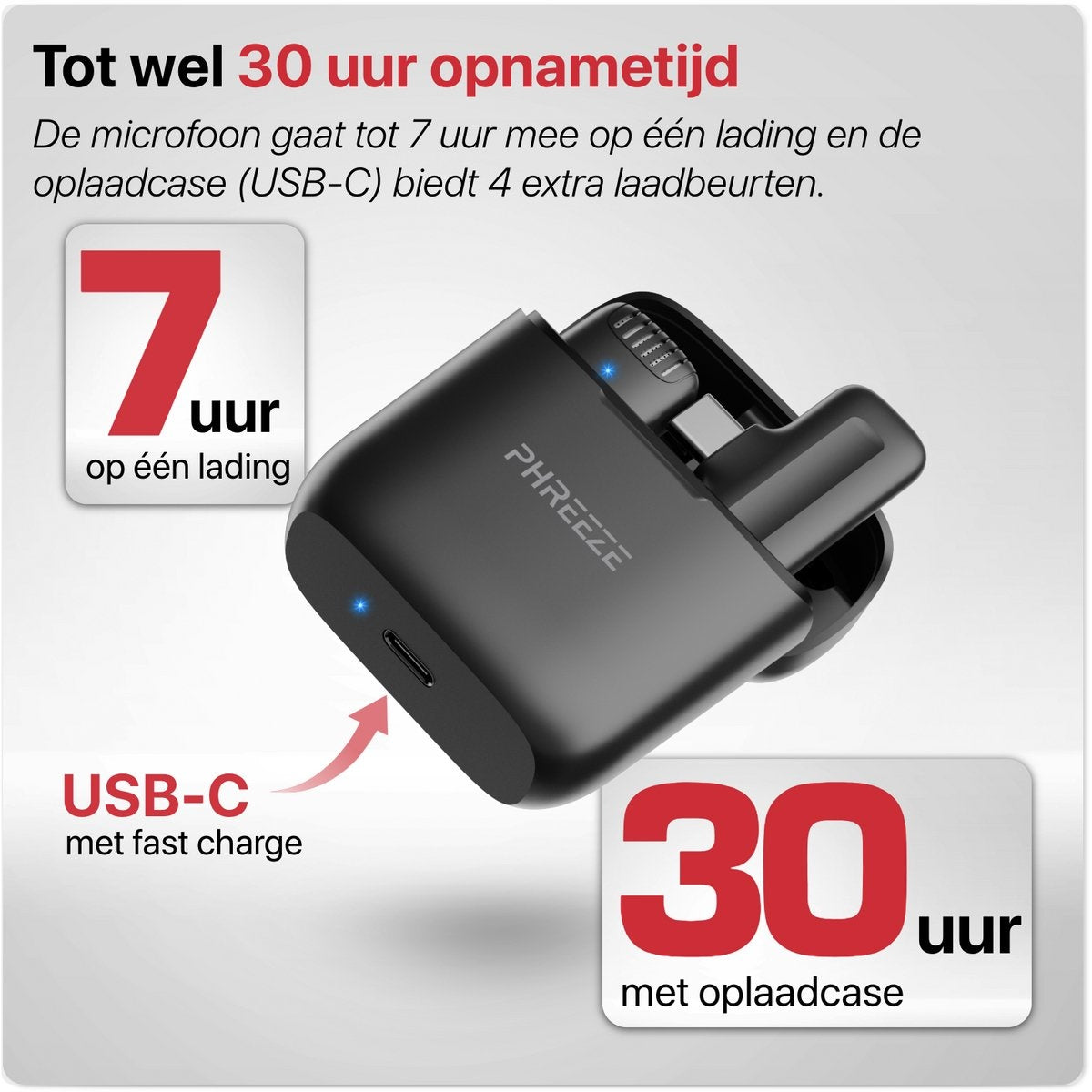 Black charging case with a microphone. Text shows 7 hours on one charge and 30 hours with the charging case. USB-C fast charge.