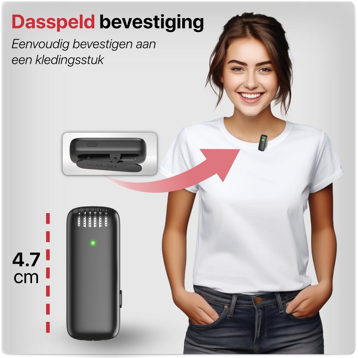 A woman in a white shirt and jeans smiles. A small black clip is attached to her shirt. A red arrow points to it from a device.