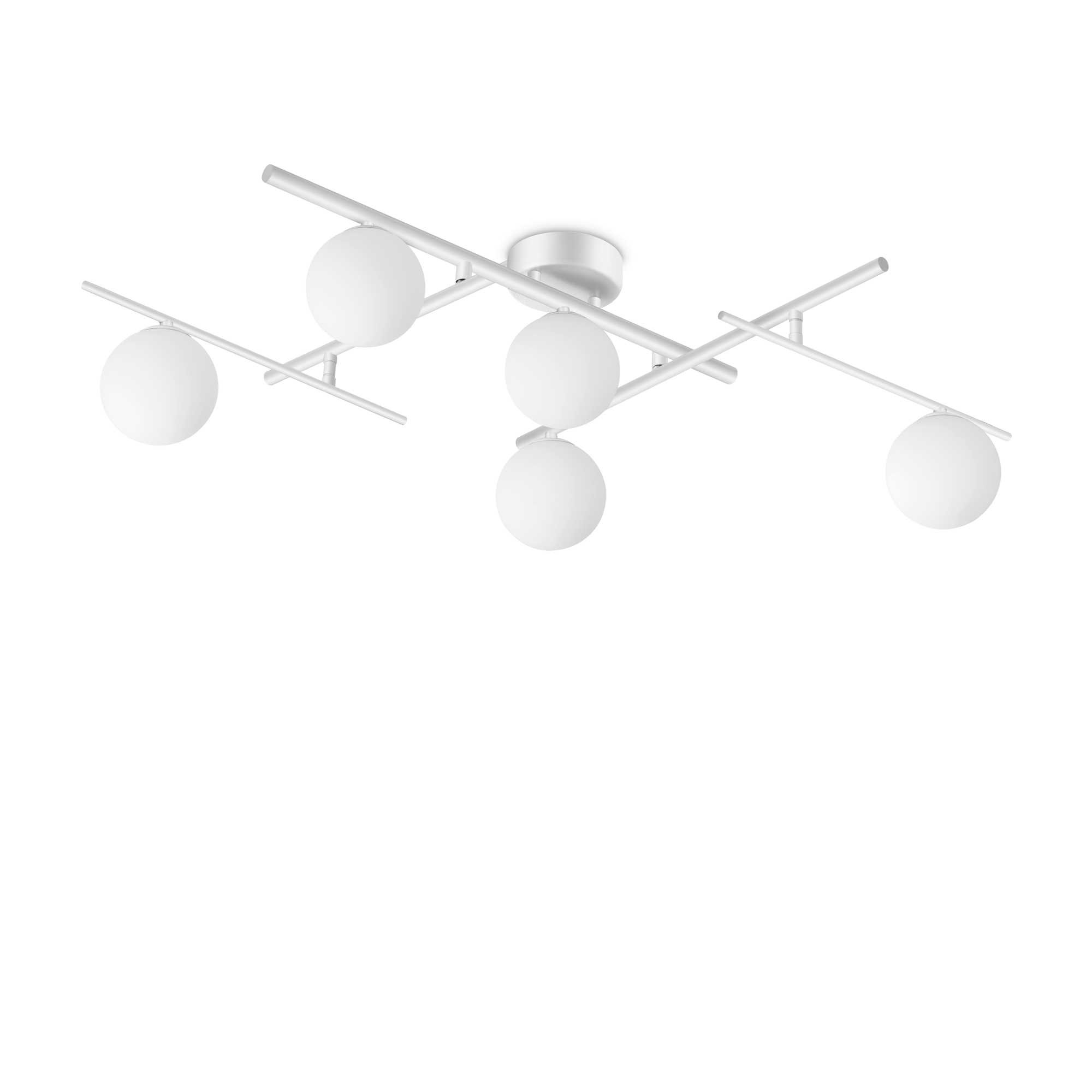 Lampada da soffitto bianca con cinque luci sferiche, disposte su un telaio bianco su sfondo bianco.