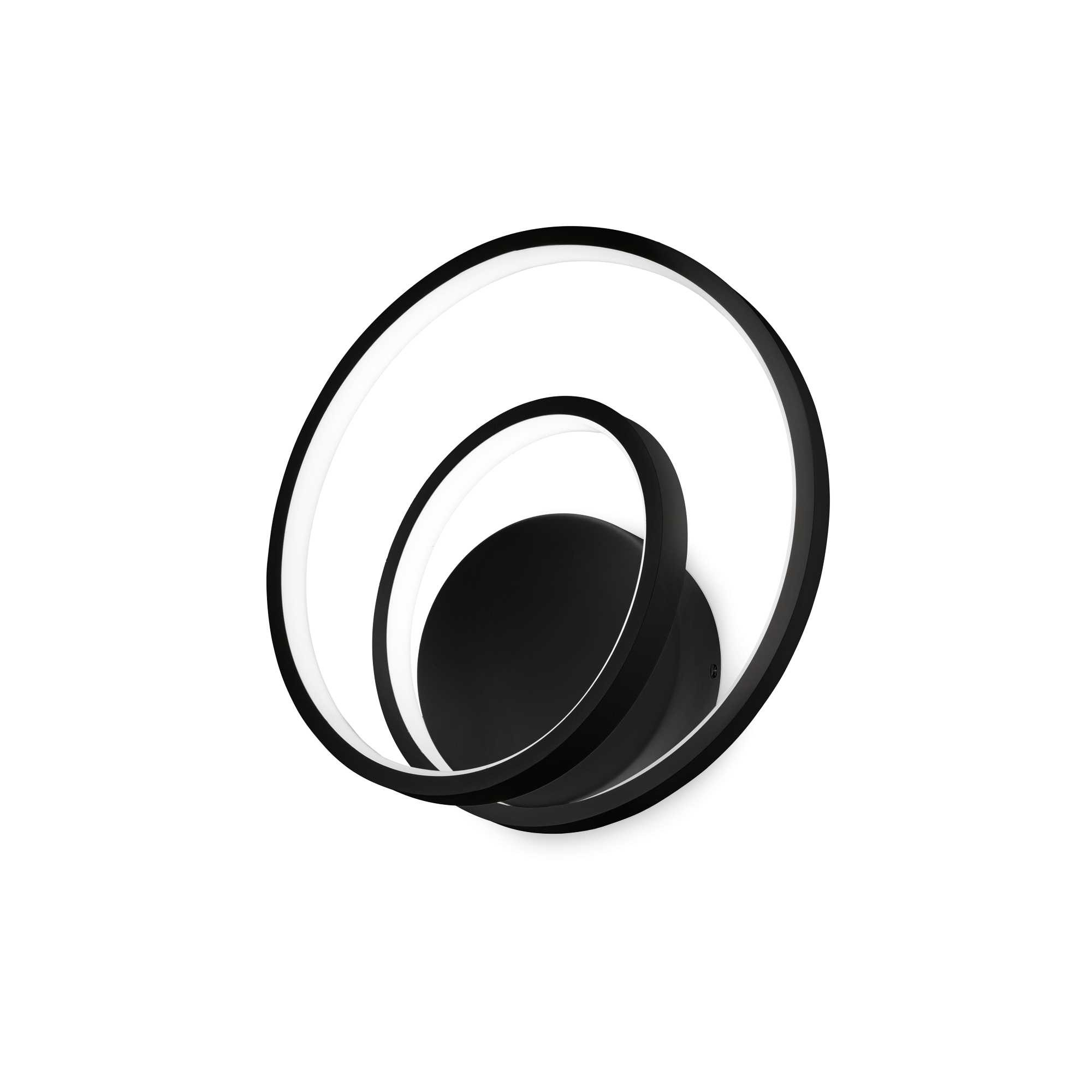 Una moderna lampada da parete circolare in bianco e nero. La lampada ha due anelli intersecanti e una base rotonda su sfondo bianco.