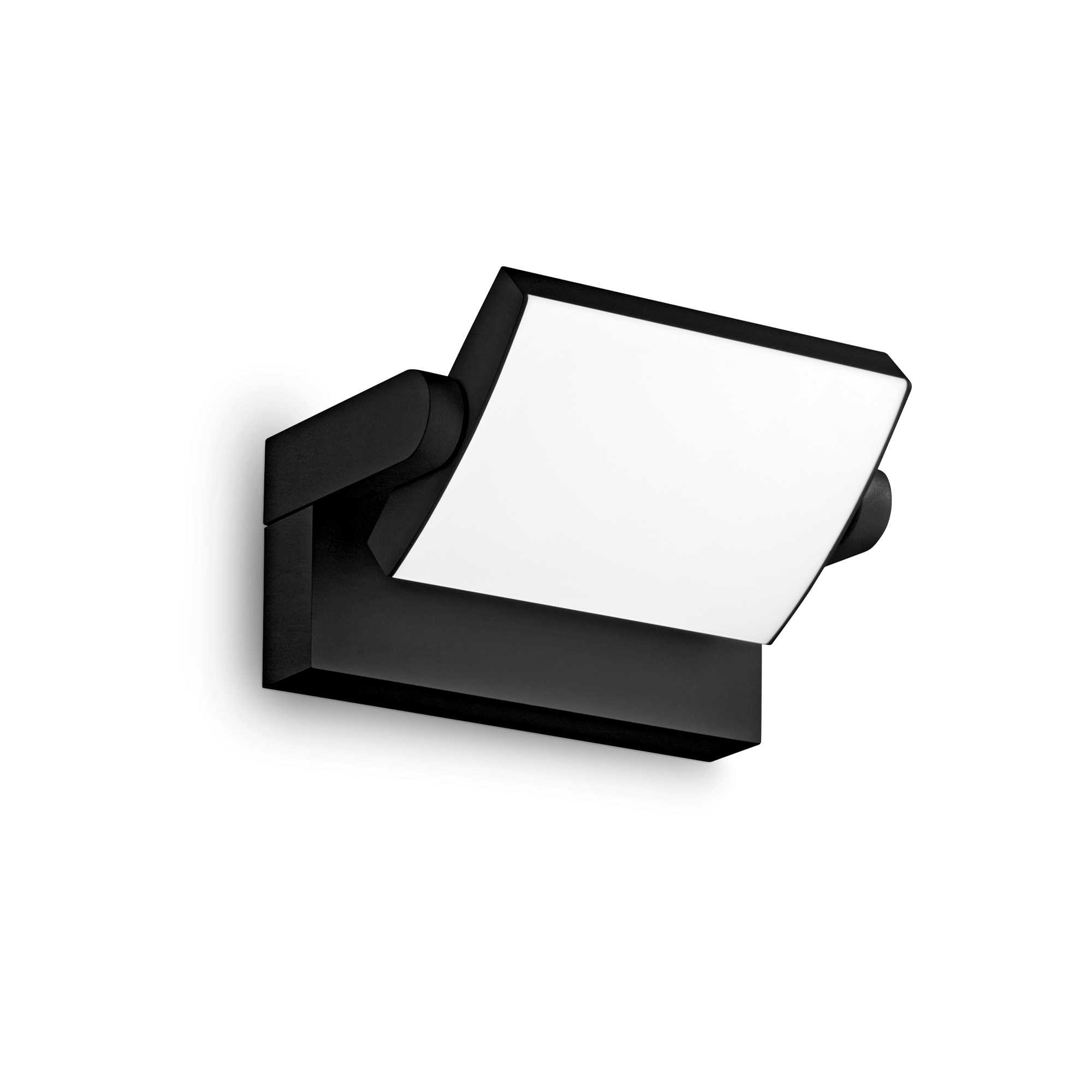 Una lampada nera, a parete, con un pannello luminoso bianco regolabile.