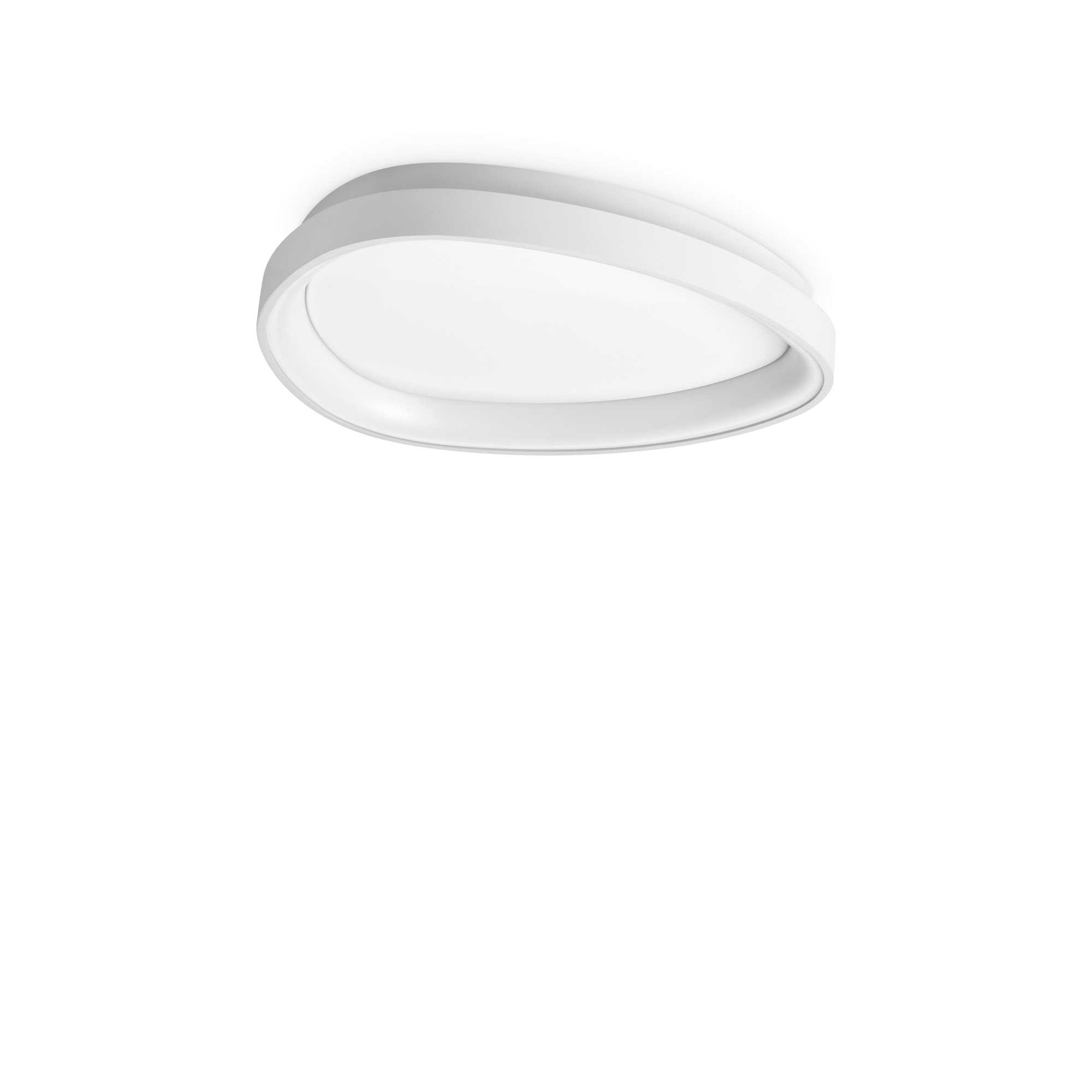 Una lampada da soffitto bianca e moderna con un design circolare, con un aspetto a strati su sfondo bianco.