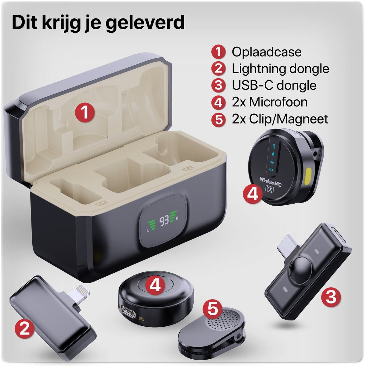 A black charging case with accessories: Lightning dongle, USB-C dongle, two microphones, and two clips/magnets.