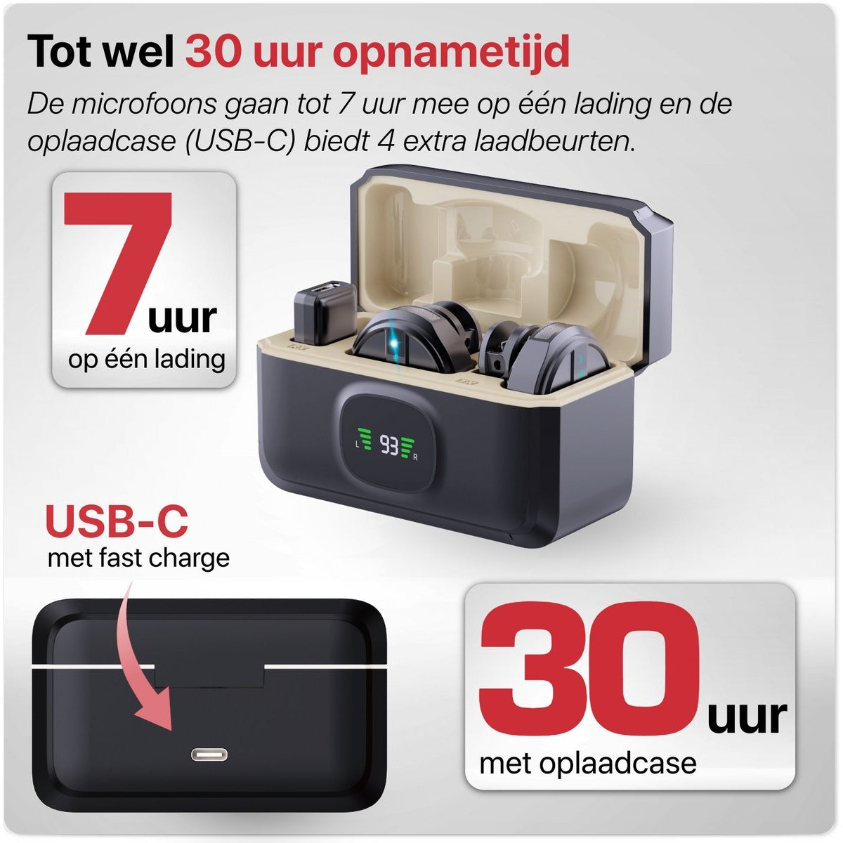 Image shows earbuds in a charging case, with text indicating 30 hours of playtime with case, 7 hours per charge, and USB-C charging.