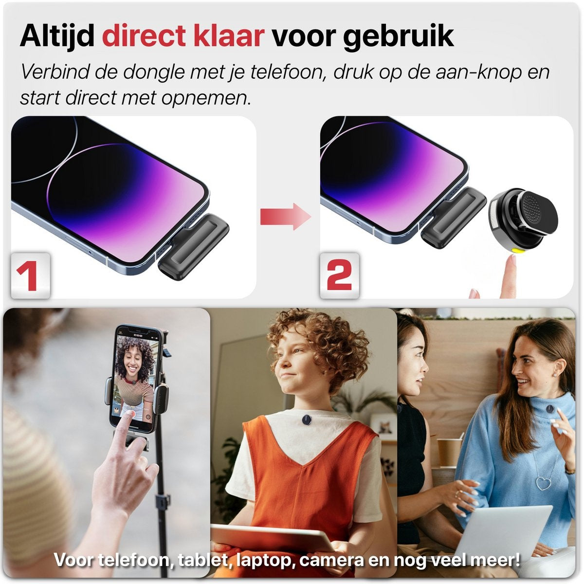 Diagram shows a phone connected to a device, followed by scenes with people using it. Text says 'ready for use'.