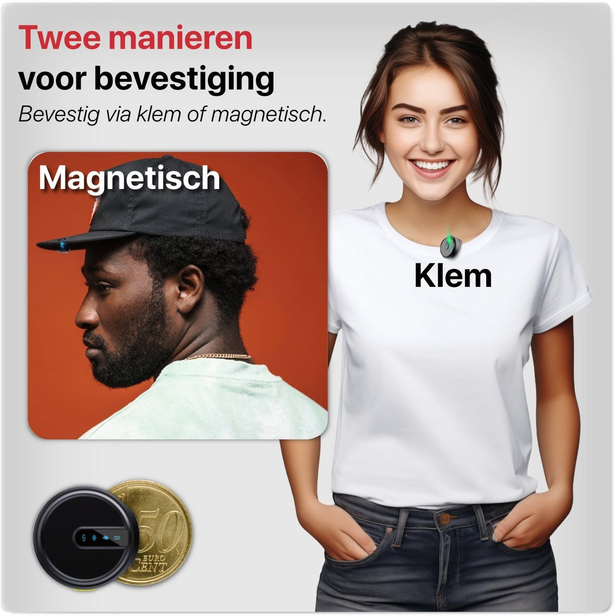 Image shows two ways to attach a device: magnetic (man with cap) or clip (woman with device on shirt).