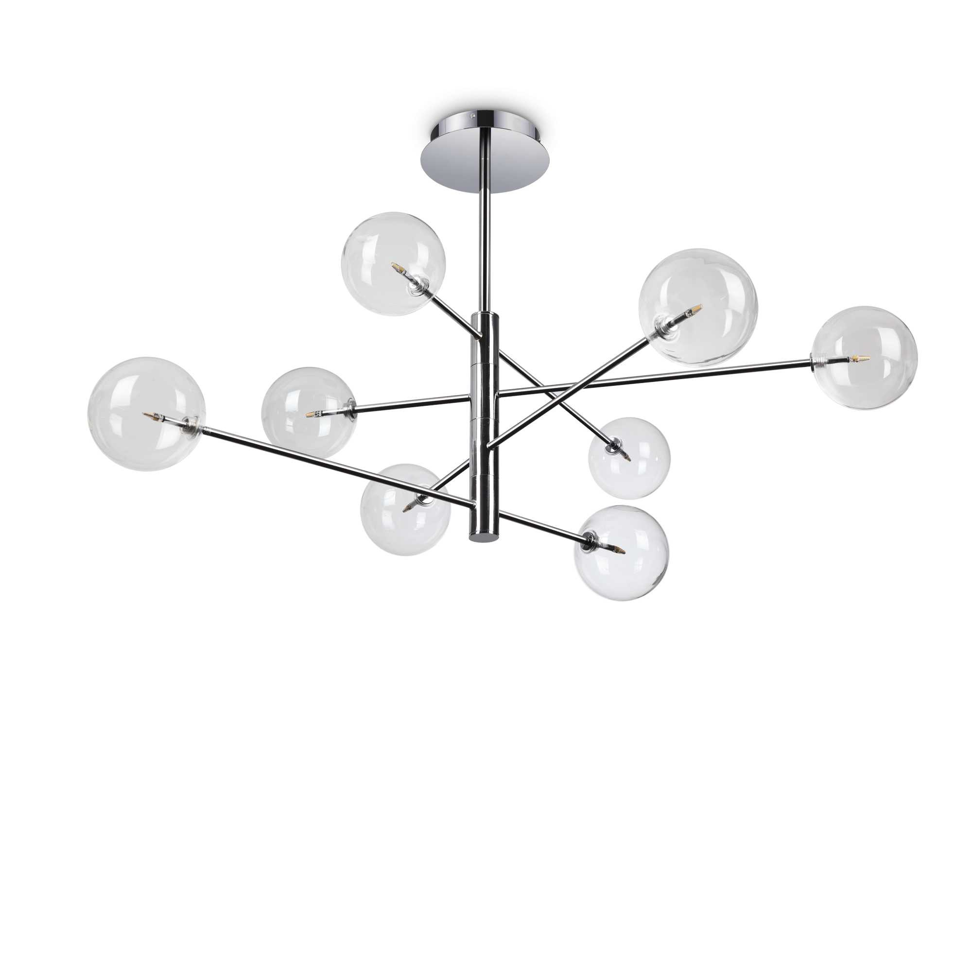 Un lampadario moderno con globi di vetro trasparente attaccati a bracci cromati che si estendono da un elemento centrale.