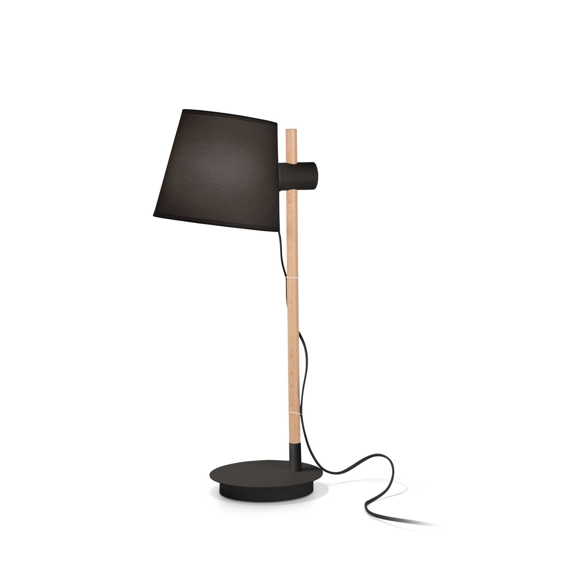 Una moderna lampada da scrivania nera con stelo in legno. Ha un paralume e una base neri, su sfondo bianco.
