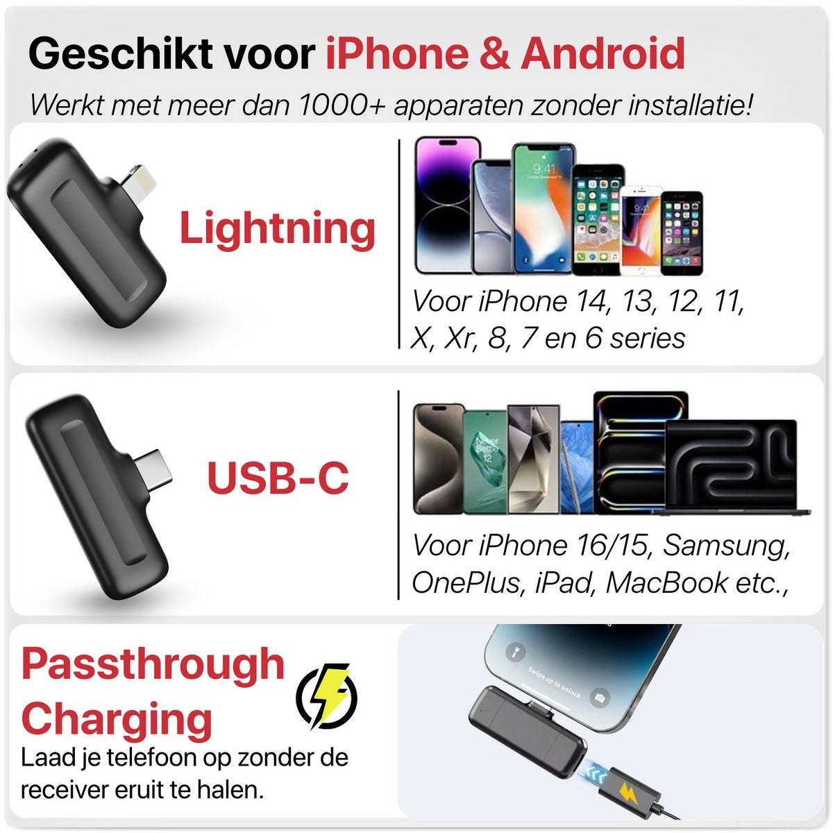 Image shows a device with Lightning and USB-C connectors, compatible with iPhones and Android, supporting passthrough charging.