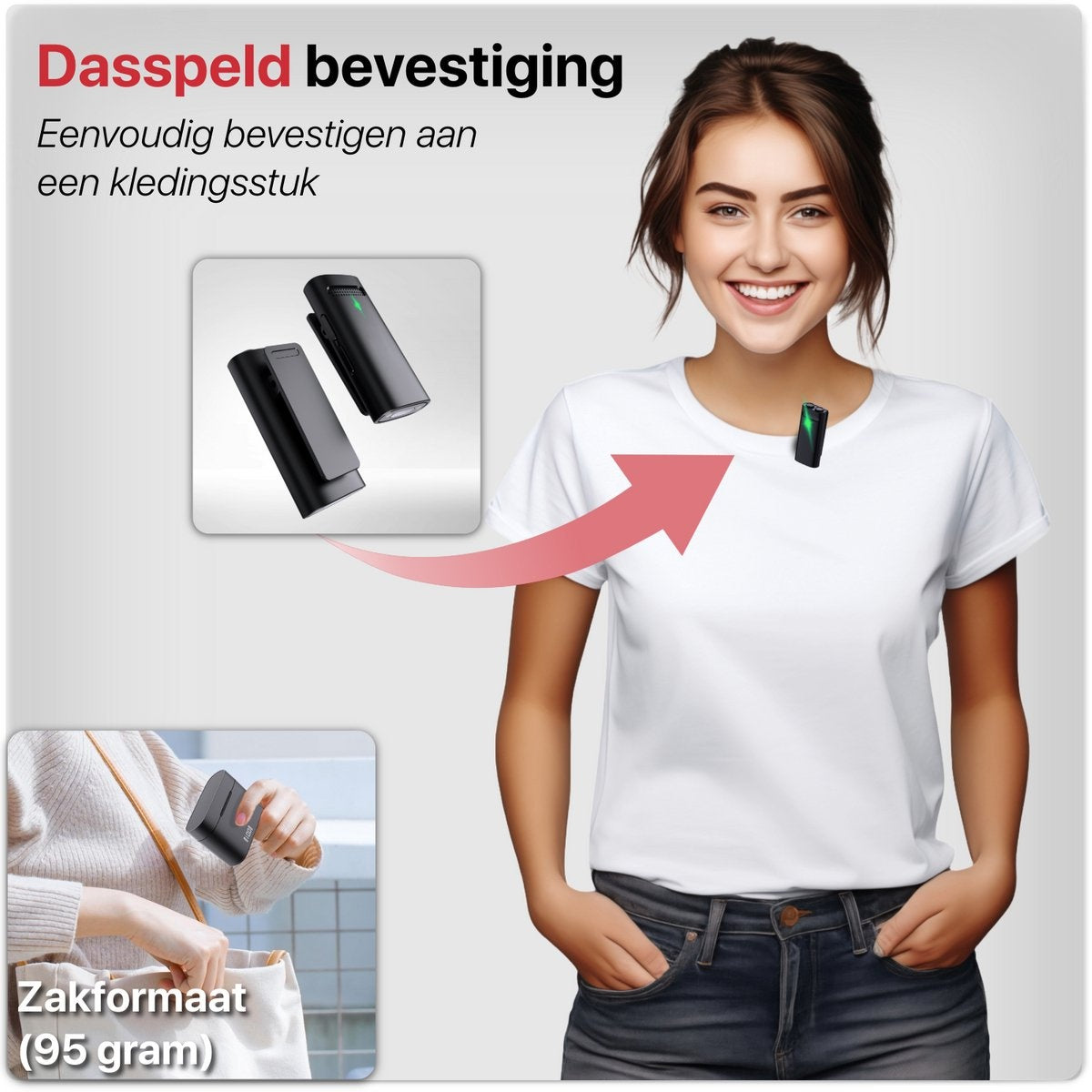 Woman wearing white tee, wireless clip-on mic. Product shots show mic and person putting it in bag. Text says 'pocket size'.