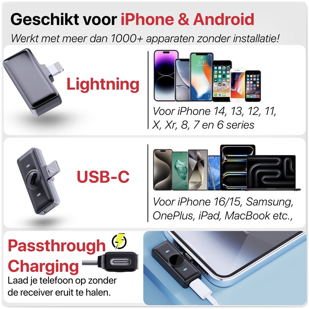 Image shows Lightning and USB-C adapters with phones, and text about compatibility with iPhones and Android devices. Also Passthrough charging.