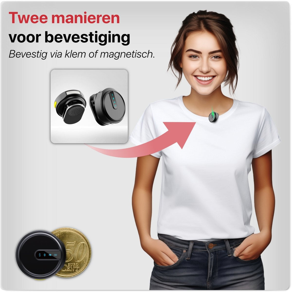 A woman in a white shirt smiles, demonstrating a small device. Two devices are shown in a box, and one attached to her shirt.