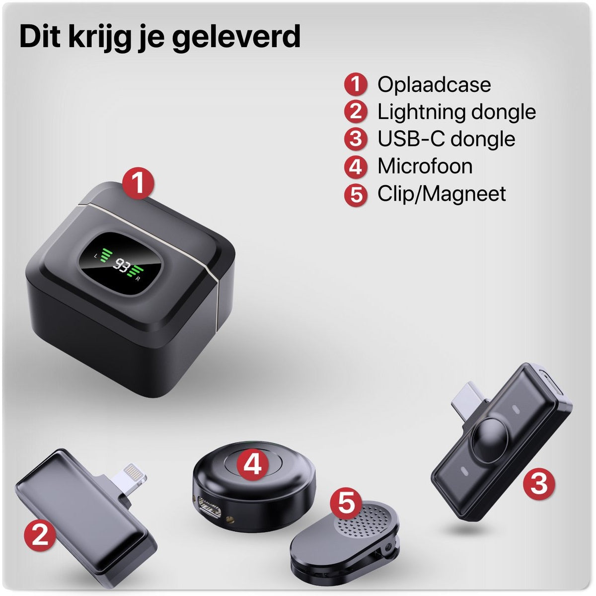 Image shows a charging case, Lightning dongle, USB-C dongle, a microphone, and a clip/magnet.
