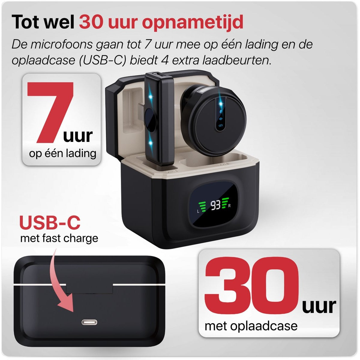 Image shows a charging case with wireless microphones. Text indicates 7 hours on a charge and 30 hours with the case.