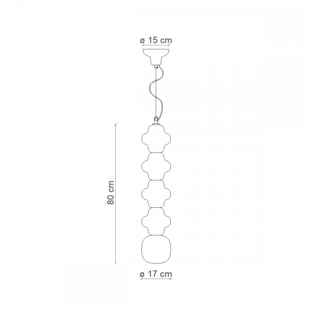 Disegno a tratto di un lampadario a sospensione. Ha un baldacchino superiore, un cavo ondulato e quattro paralumi impilati a forma di fiore.