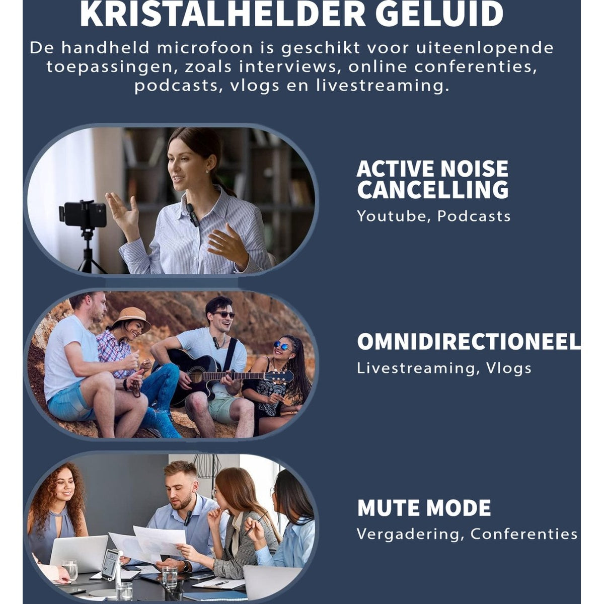 The image shows three scenarios: a woman speaking into a mic, people with a guitar, and a business meeting. Text promotes the microphone.