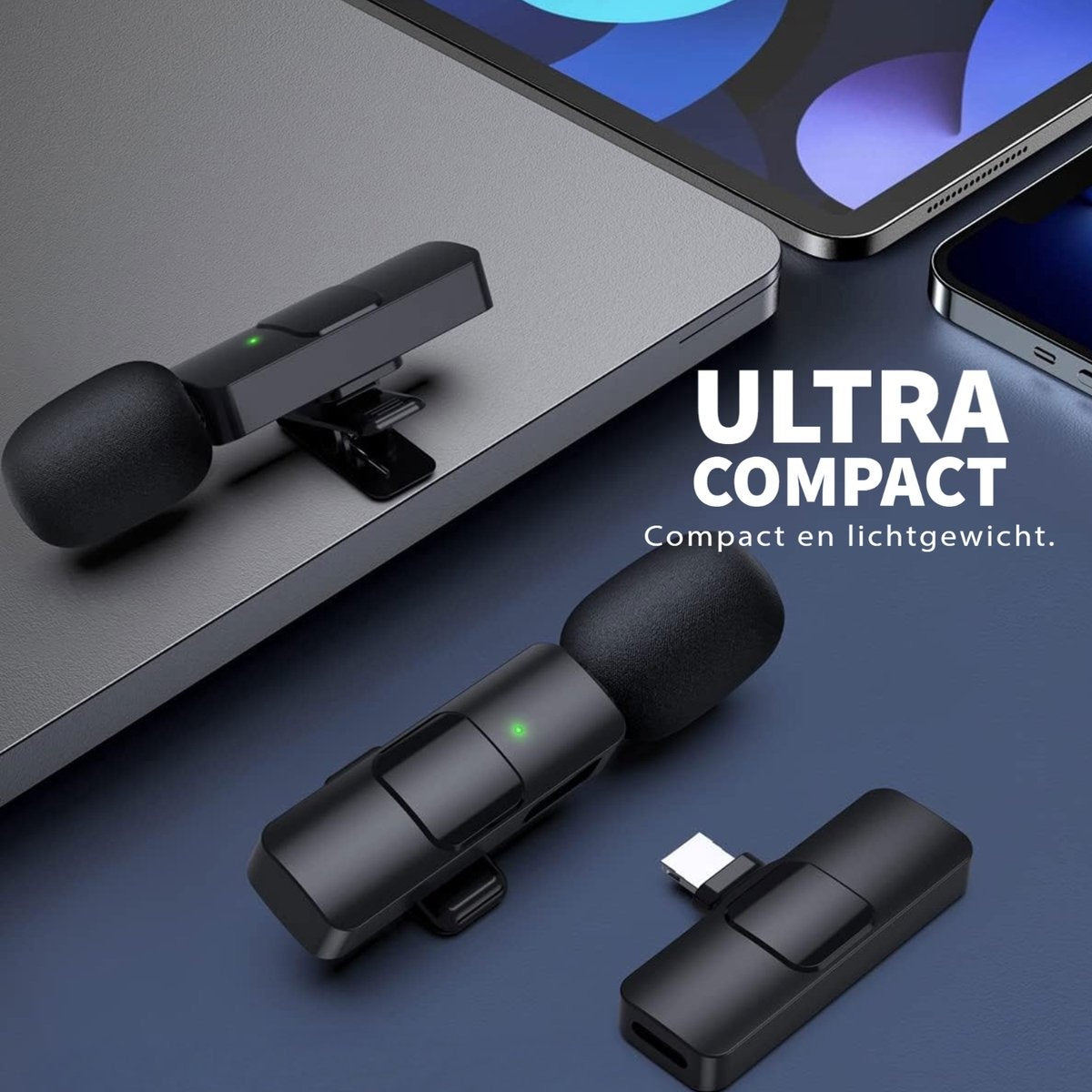 Image shows black wireless microphones and a receiver next to a tablet and smartphone. Text says 'Ultra Compact'.
