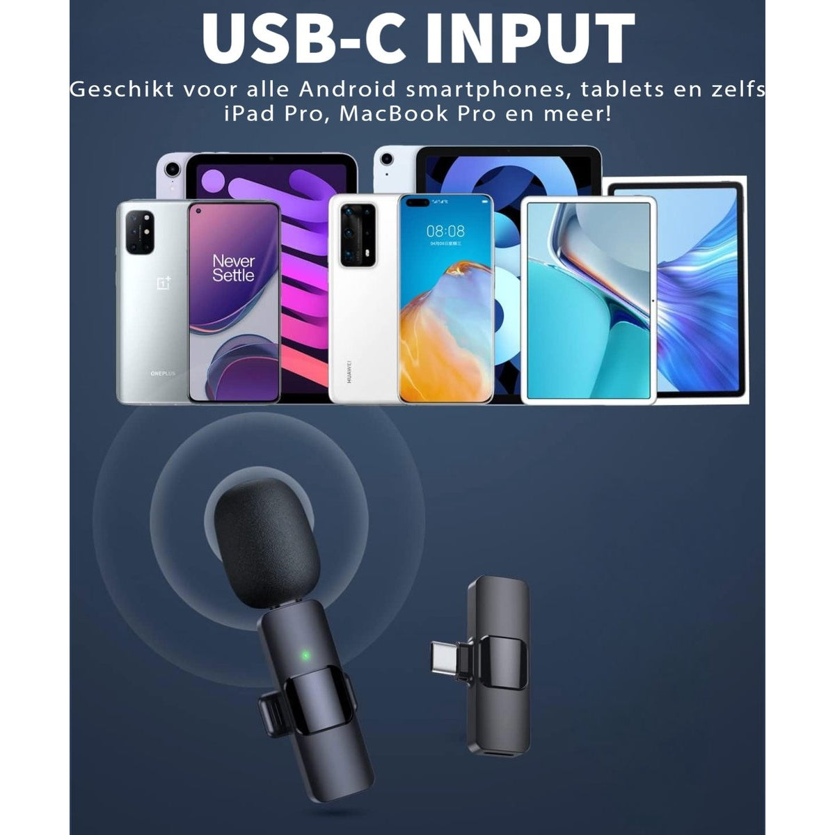 Image features smartphones, tablets, and USB-C input devices. Text reads: USB-C INPUT. Devices include iPad Pro, MacBook Pro and more.