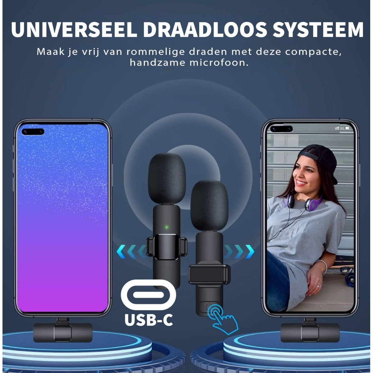 Image shows wireless microphone system. Two phones display content, one with a woman wearing headphones. USB-C symbol is in the center.