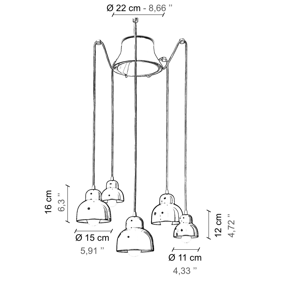 Un disegno di un lampadario con cinque luci a sospensione di diverse dimensioni, con misure in cm e pollici.