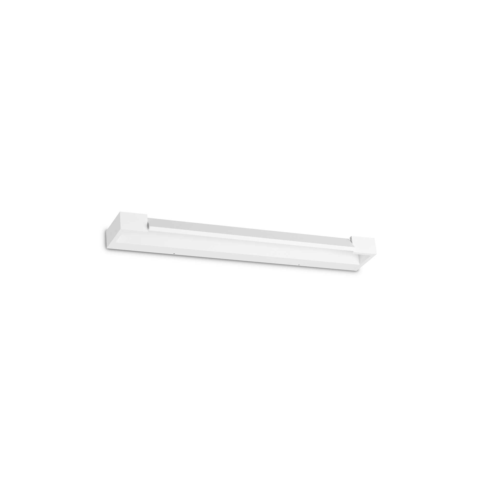 Un apparecchio di illuminazione rettangolare bianco su sfondo bianco. La luce ha un design orizzontale.