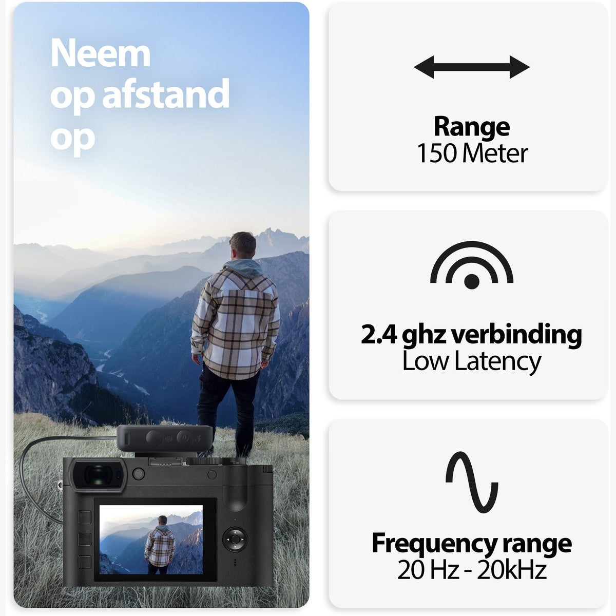 A man stands on a mountain, a camera in the foreground. Text describes range, connection, and frequency.