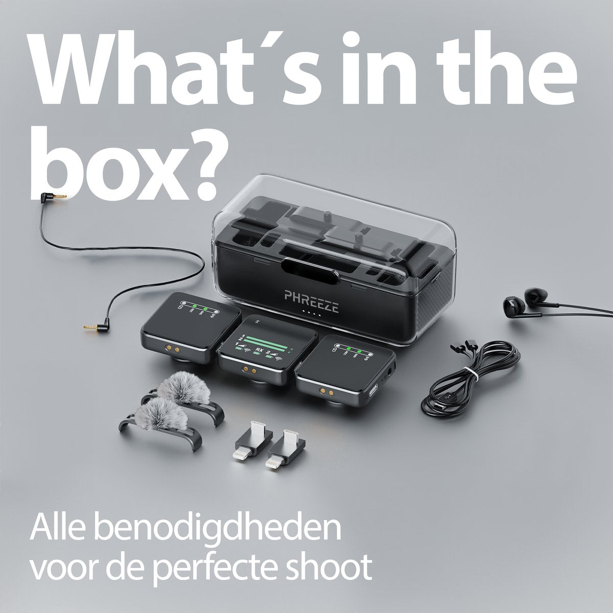 A black kit with microphones, adapters, and headphones. Text reads 'What's in the box?' and 'Alle benodigdheden voor de perfecte shoot'.