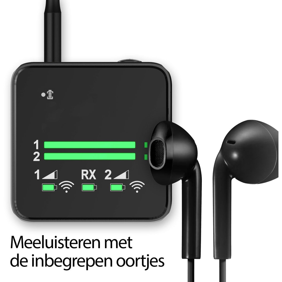 Black audio receiver with green indicators and earbuds. Text at bottom reads: 'Listening with the included earbuds'.