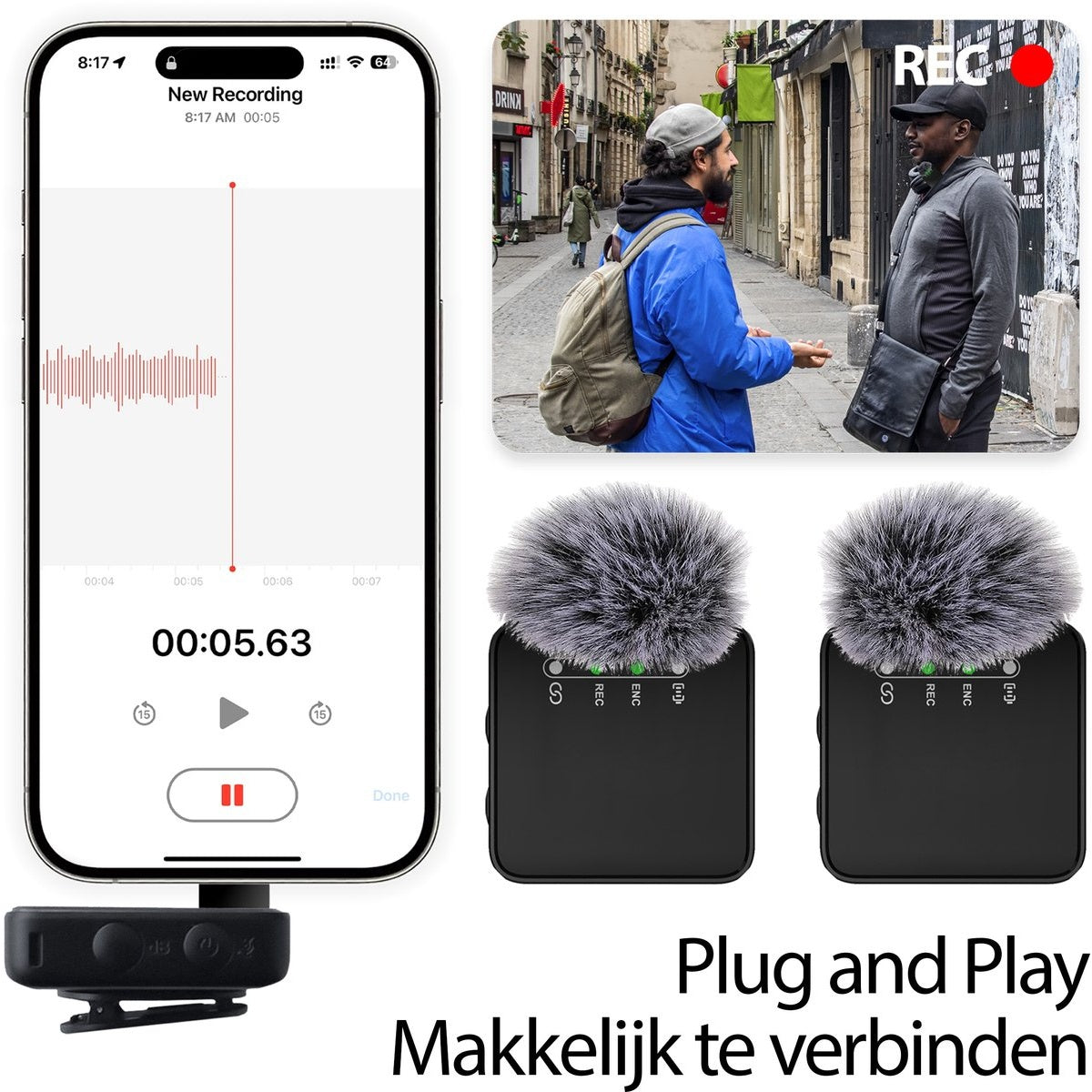 Image shows a phone recording audio, two men in street talking, and two microphones. Text says 'Plug and Play, Makkelijk te verbinden'.