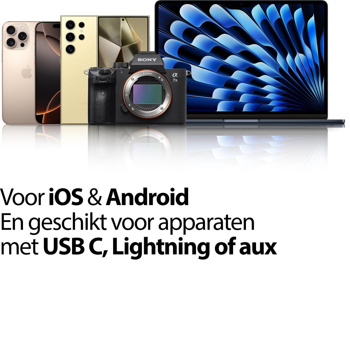 Image shows various devices: phones, camera, and laptop. Text promotes compatibility with iOS and Android, USB-C, Lightning, and aux.