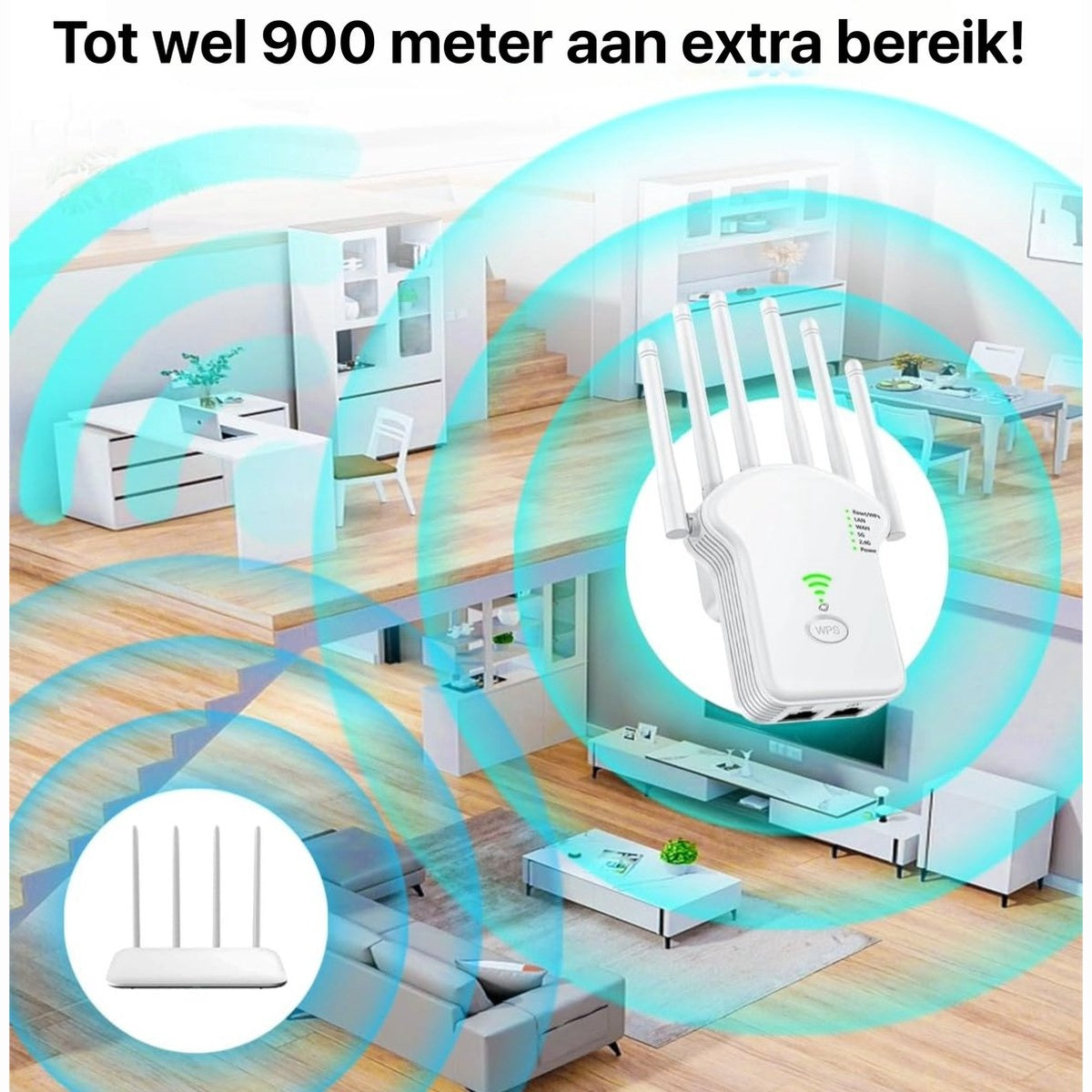 An advertisement for a WiFi extender. Shows the extender in a home, with blue wave-like signals representing its range.