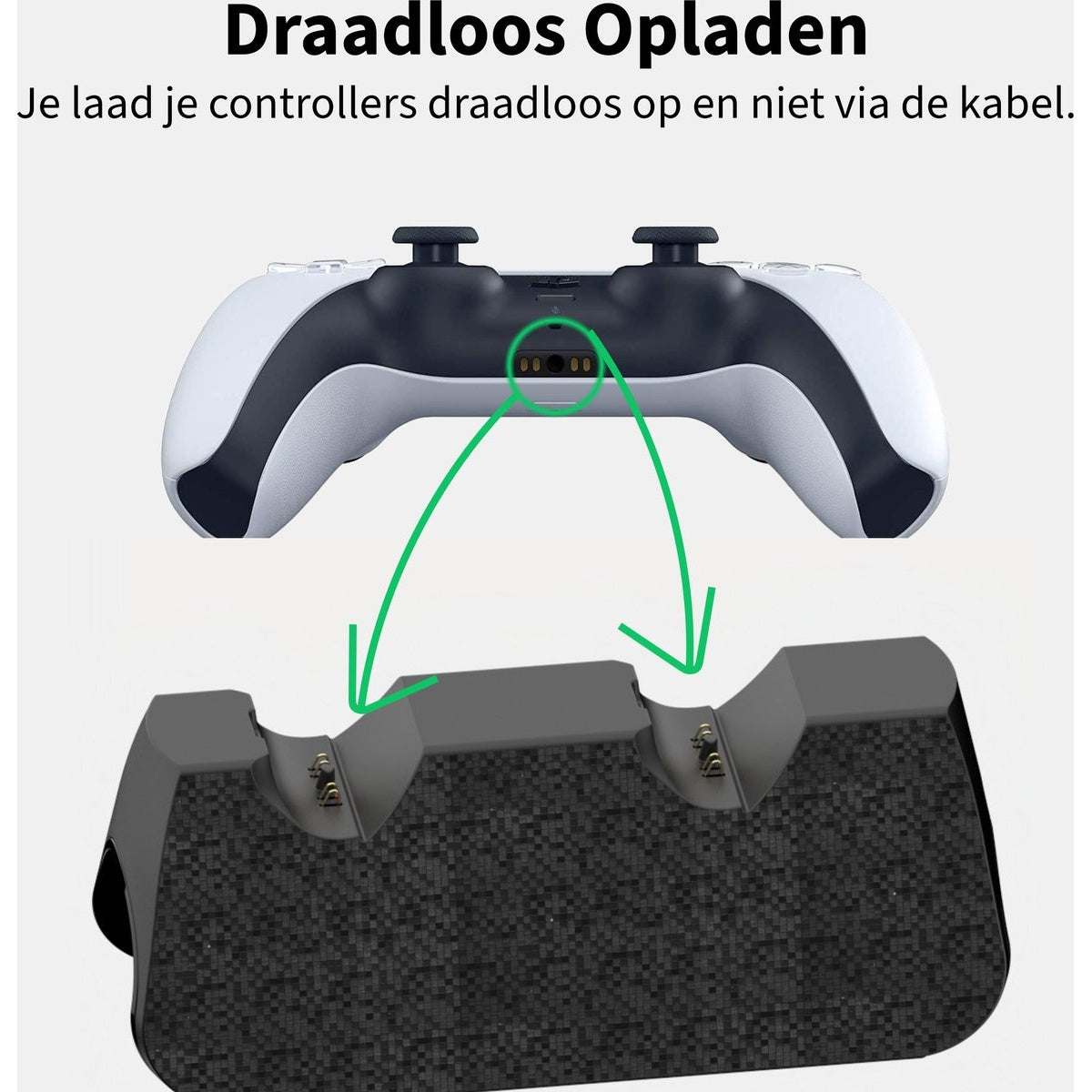 A white and black game controller above a charger. Green arrows indicate wireless charging. Text says 'Wireless Charging' in Dutch.