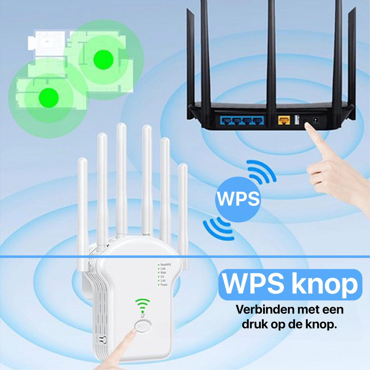 Image shows three routers, one with finger pressing a button. WPS button is highlighted. Diagram shows WiFi signal.